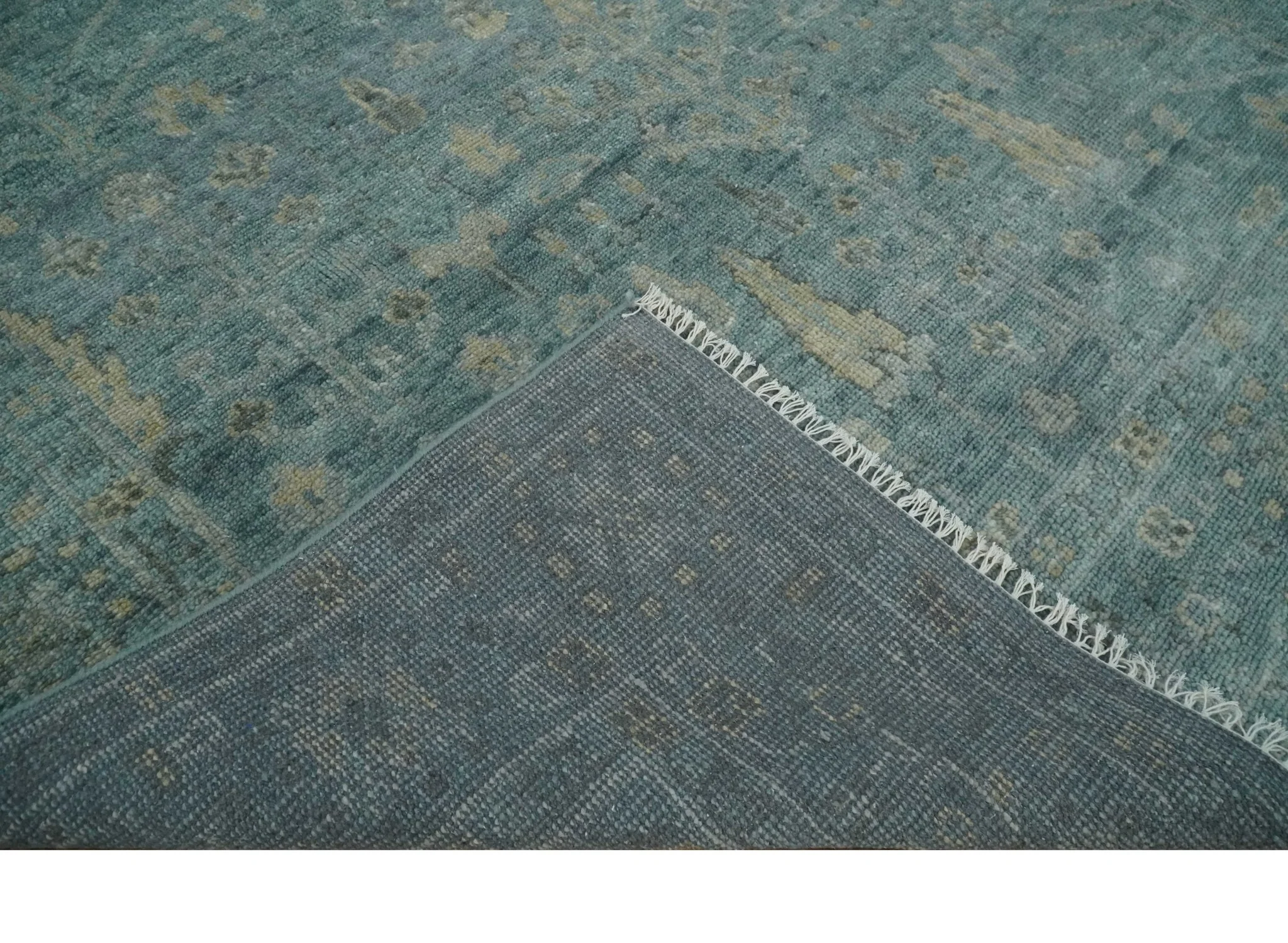 Custom Made Tree of Life Hand Knotted Teal and Beige Traditional Oushak Wool Area Rug - Image 7