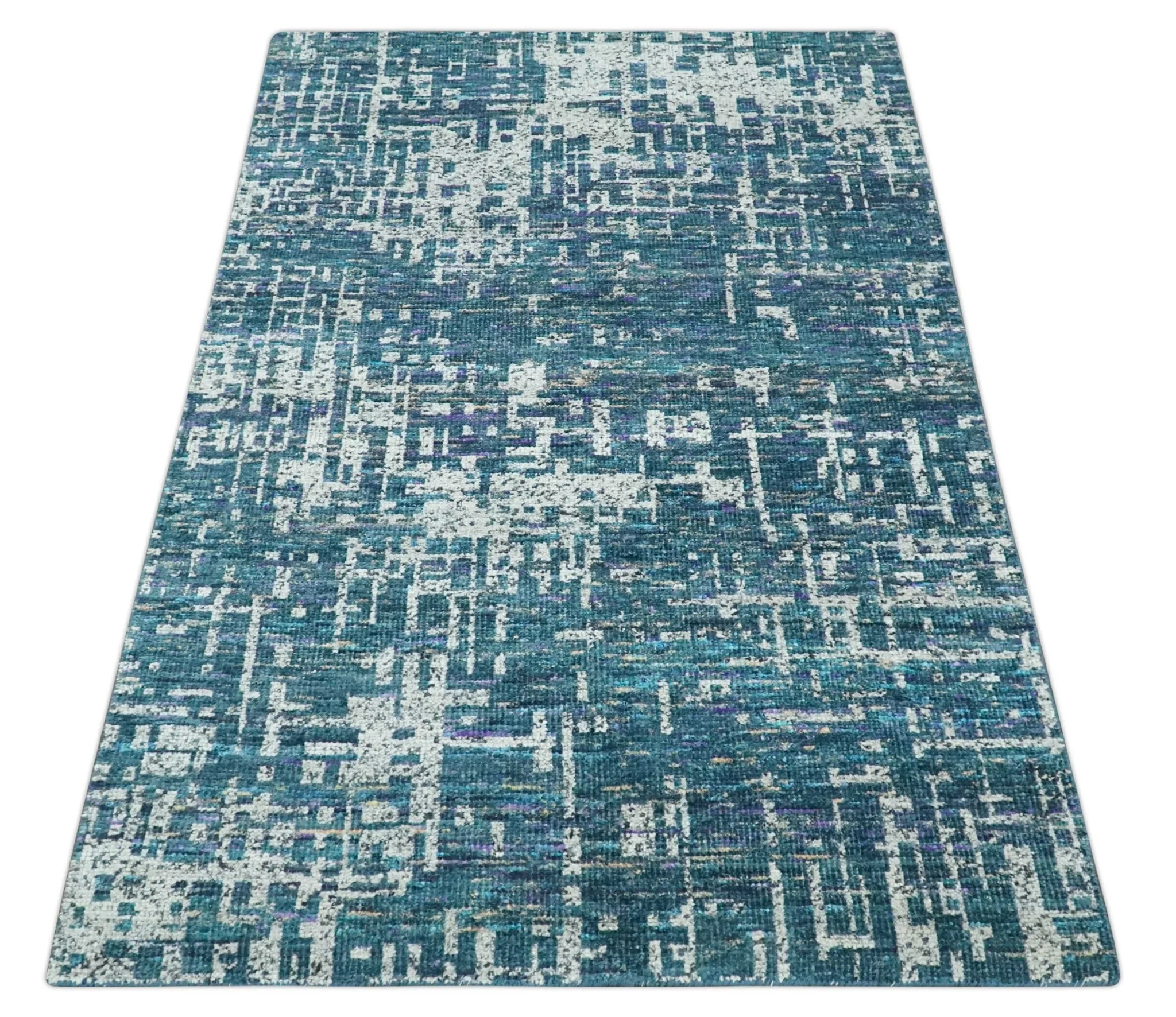 Hand Knotted Teal and Ivory Modern Abstract Contemporary Recycled Silk Area Rug - Image 10