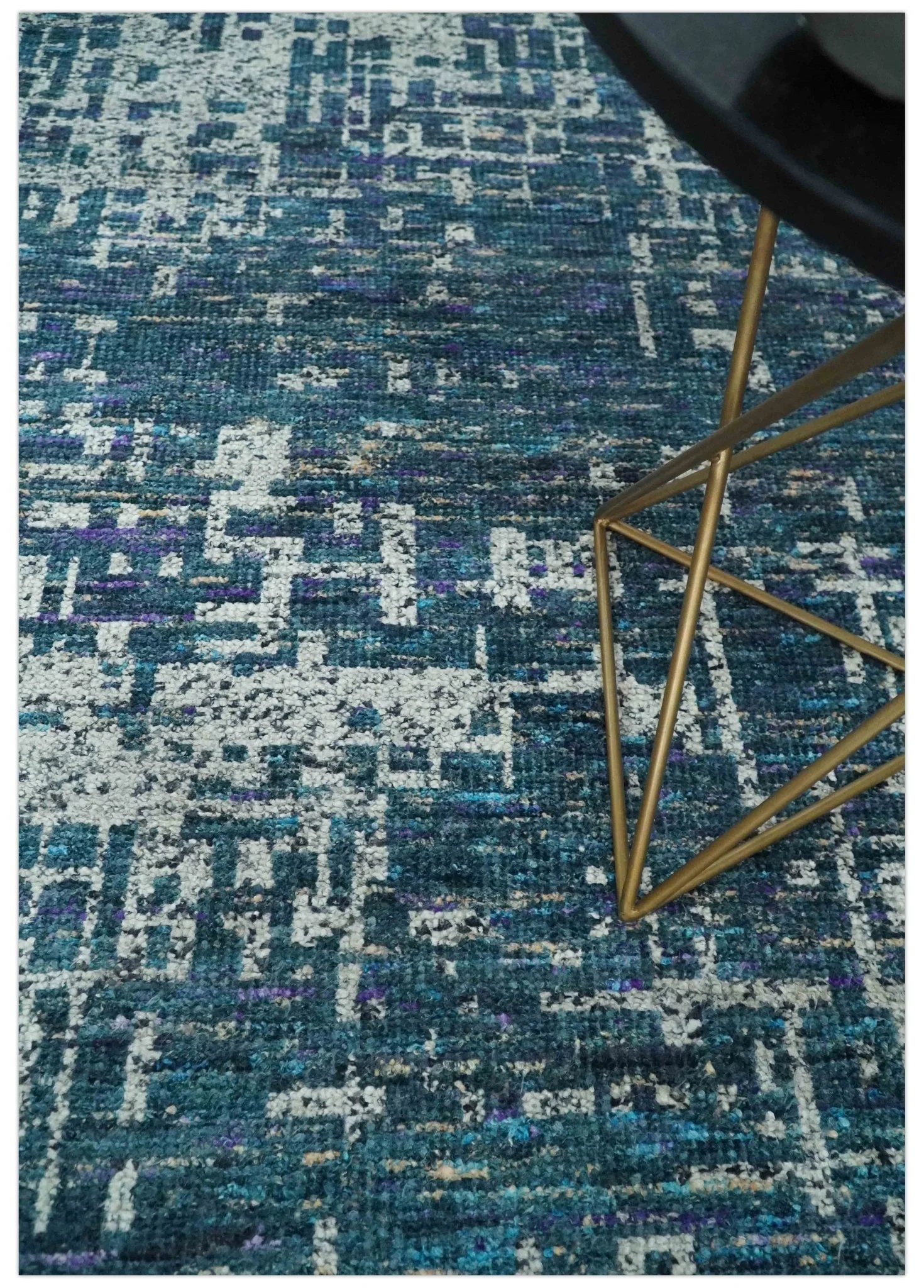 Hand Knotted Teal and Ivory Modern Abstract Contemporary Recycled Silk Area Rug - Image 2