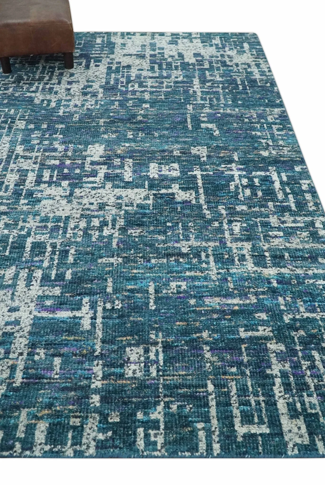 Hand Knotted Teal and Ivory Modern Abstract Contemporary Recycled Silk Area Rug - Image 3