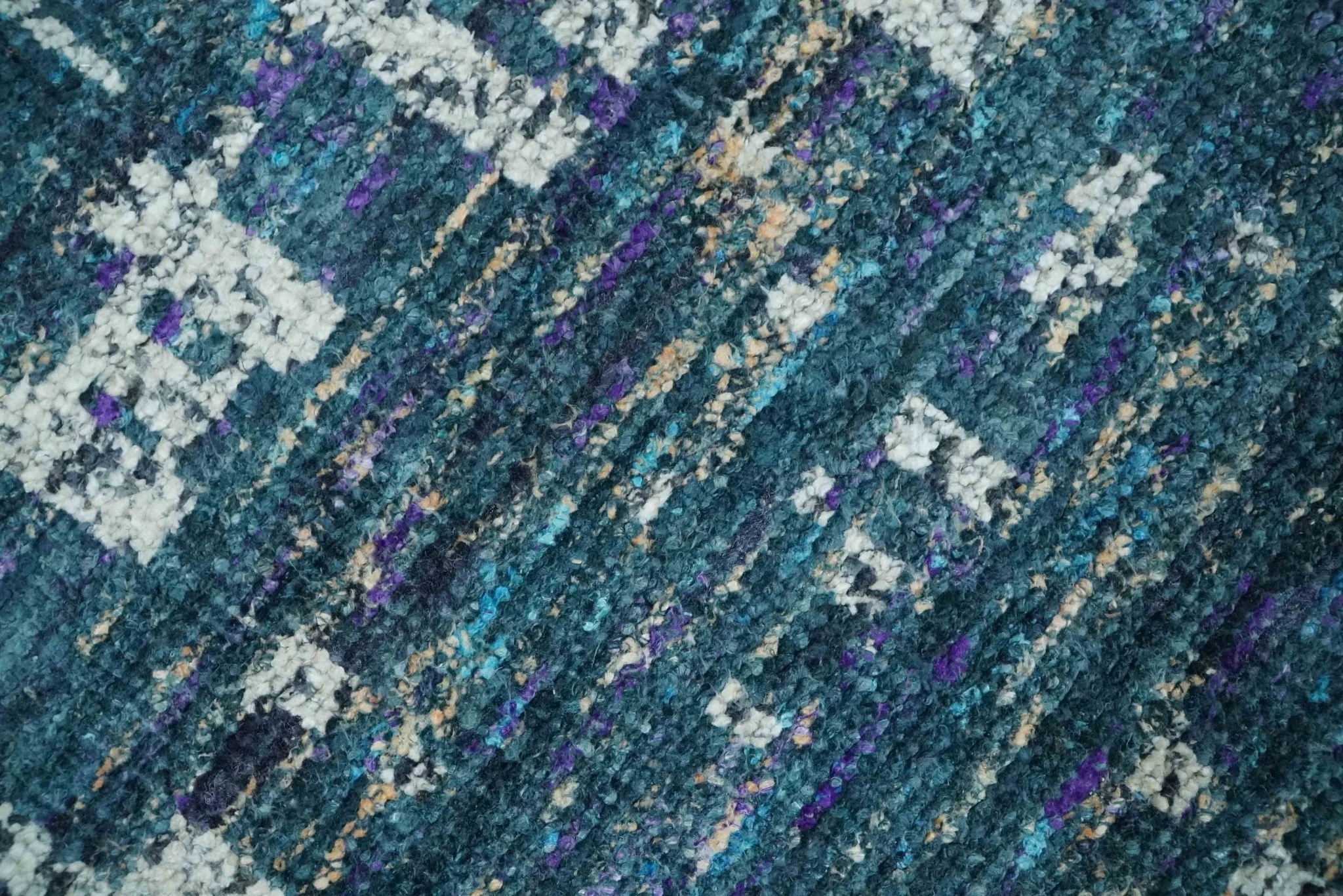 Hand Knotted Teal and Ivory Modern Abstract Contemporary Recycled Silk Area Rug - Image 4