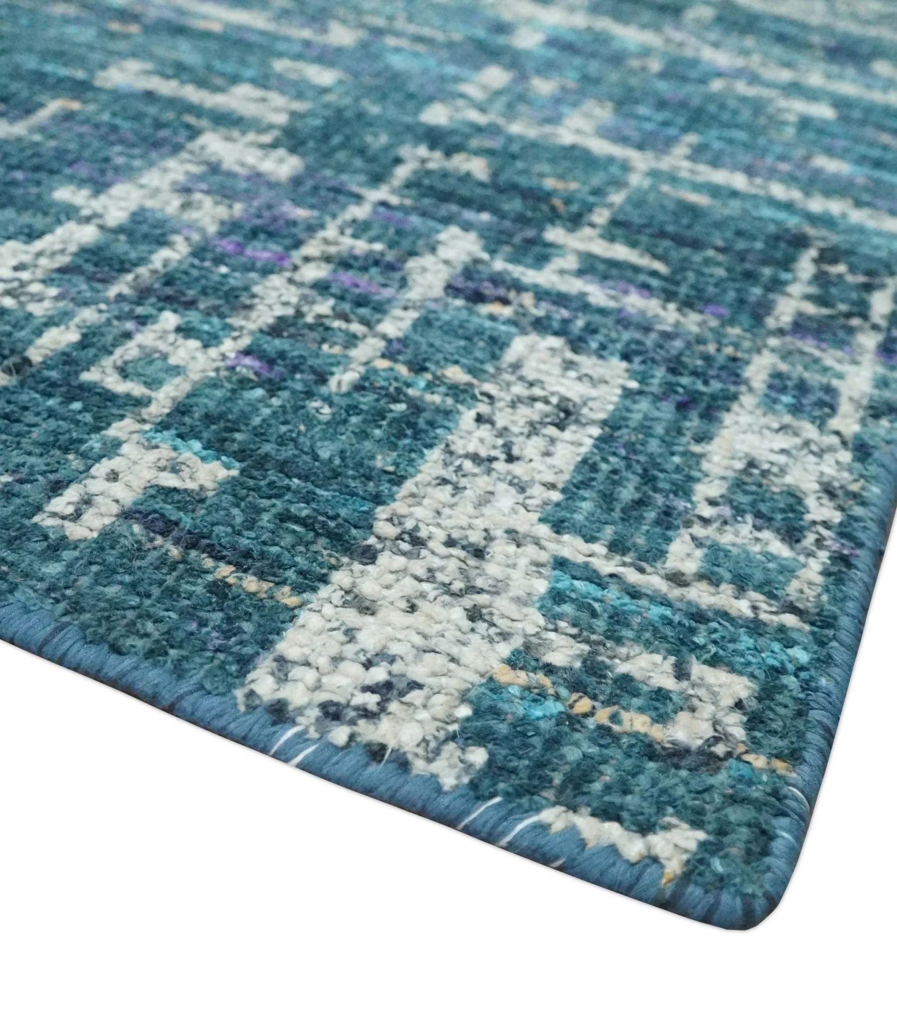 Hand Knotted Teal and Ivory Modern Abstract Contemporary Recycled Silk Area Rug - Image 5