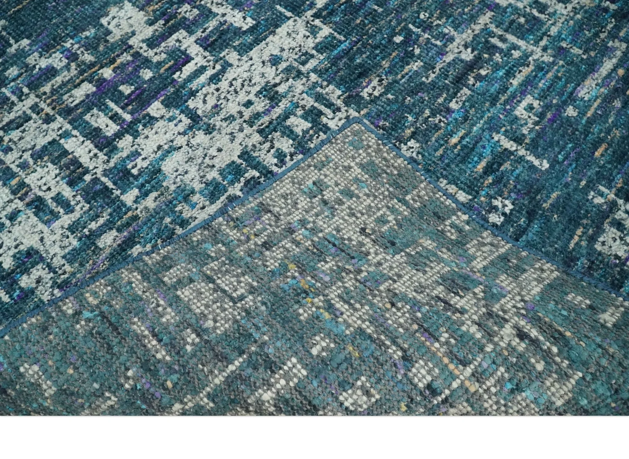 Hand Knotted Teal and Ivory Modern Abstract Contemporary Recycled Silk Area Rug - Image 6