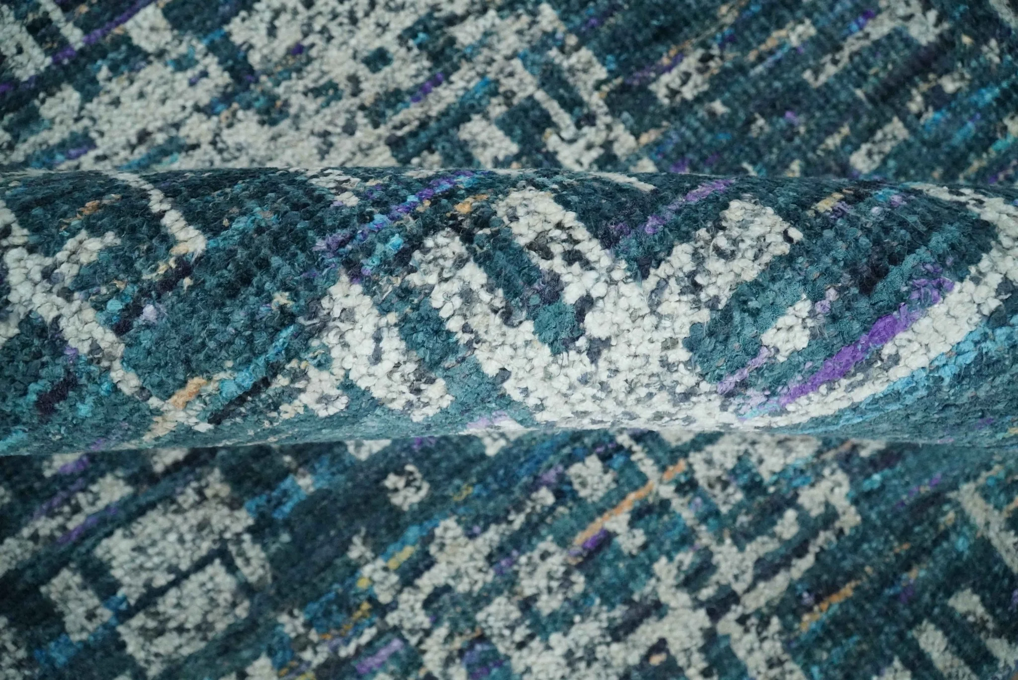 Hand Knotted Teal and Ivory Modern Abstract Contemporary Recycled Silk Area Rug - Image 7