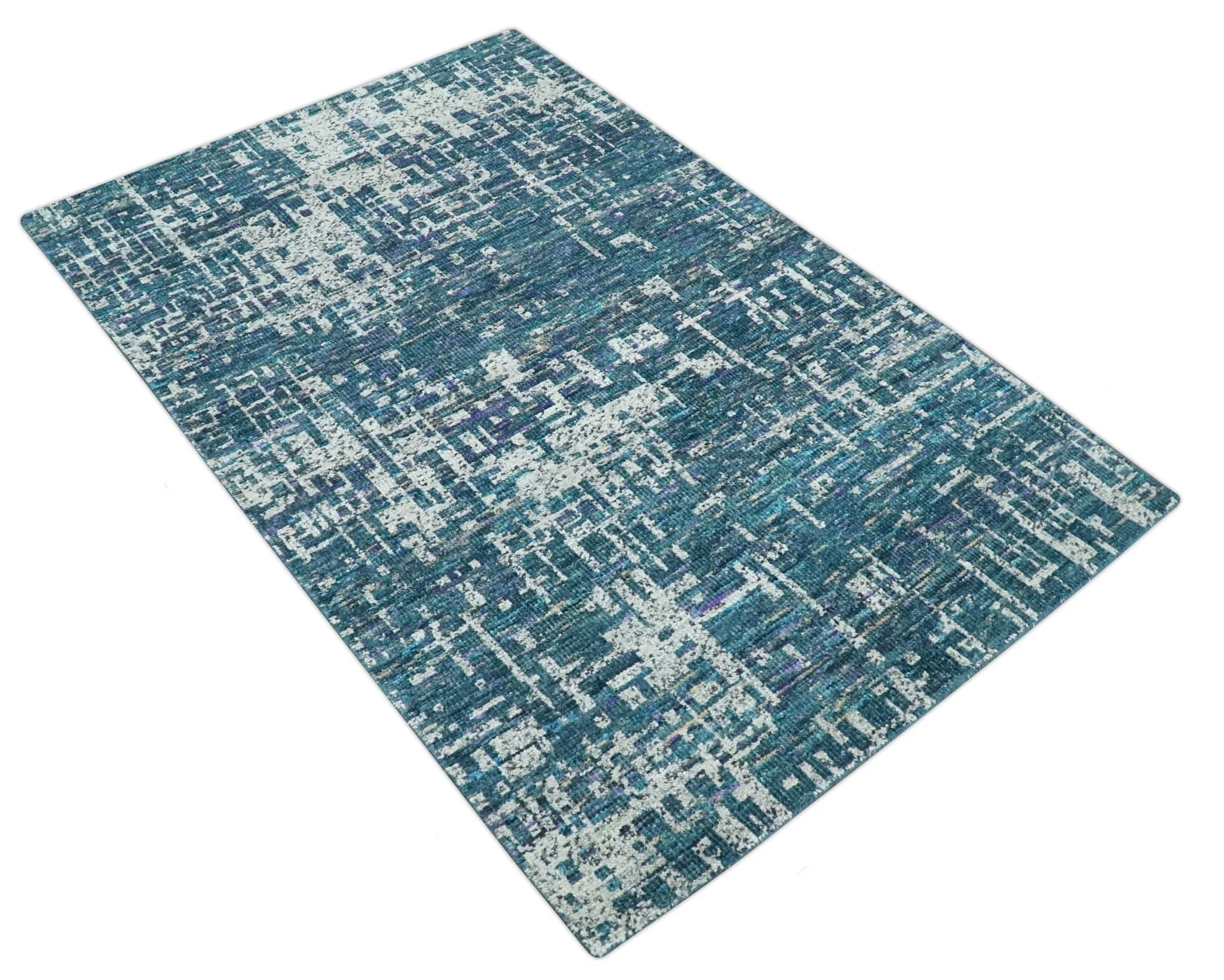 Hand Knotted Teal and Ivory Modern Abstract Contemporary Recycled Silk Area Rug - Image 9
