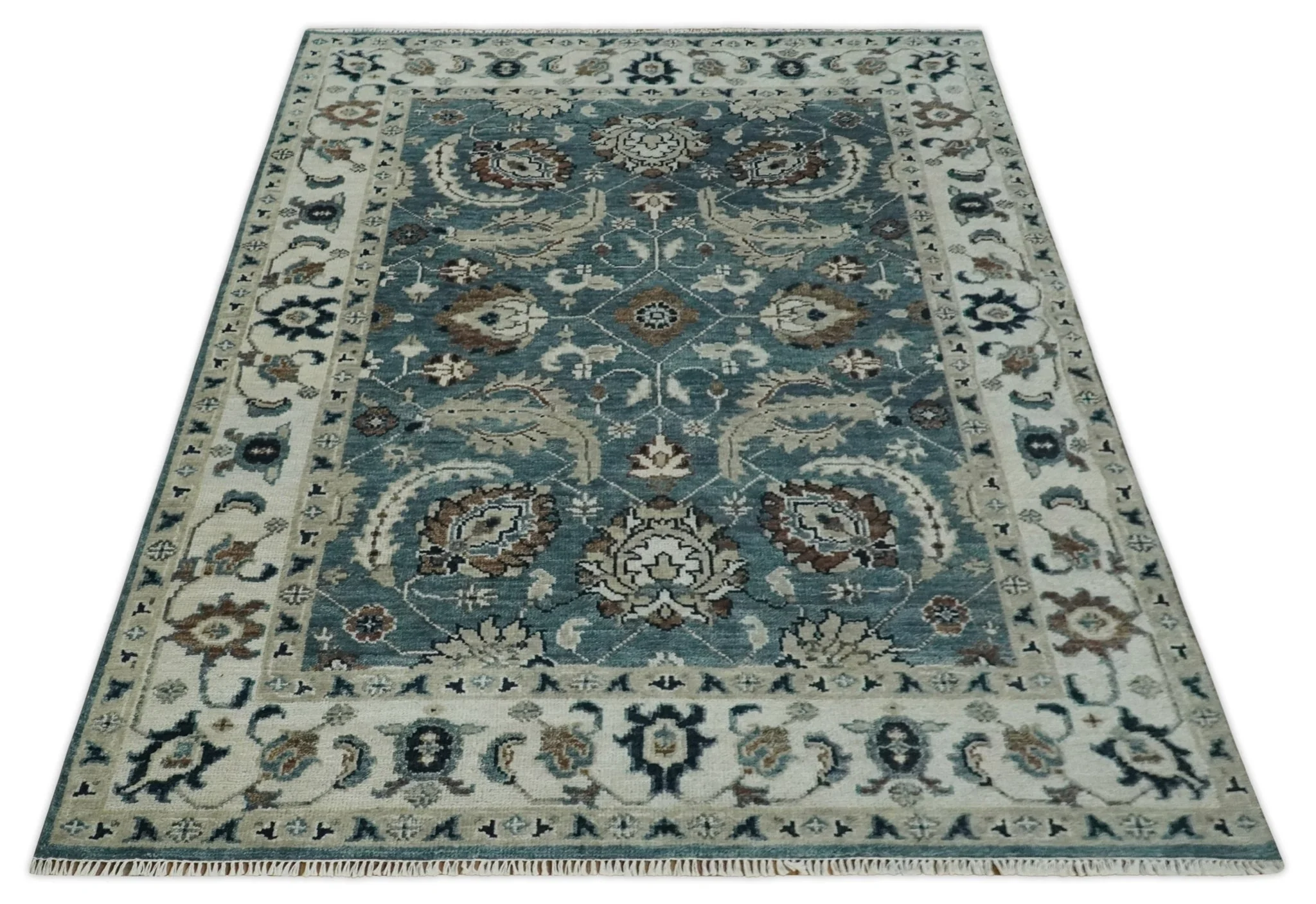Custom Made Hand Knotted Teal and Ivory Traditional Antique Style Wool Area Rug - Image 10