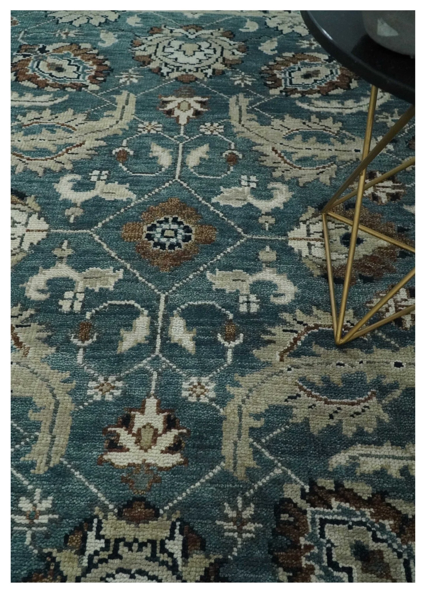 Custom Made Hand Knotted Teal and Ivory Traditional Antique Style Wool Area Rug - Image 2