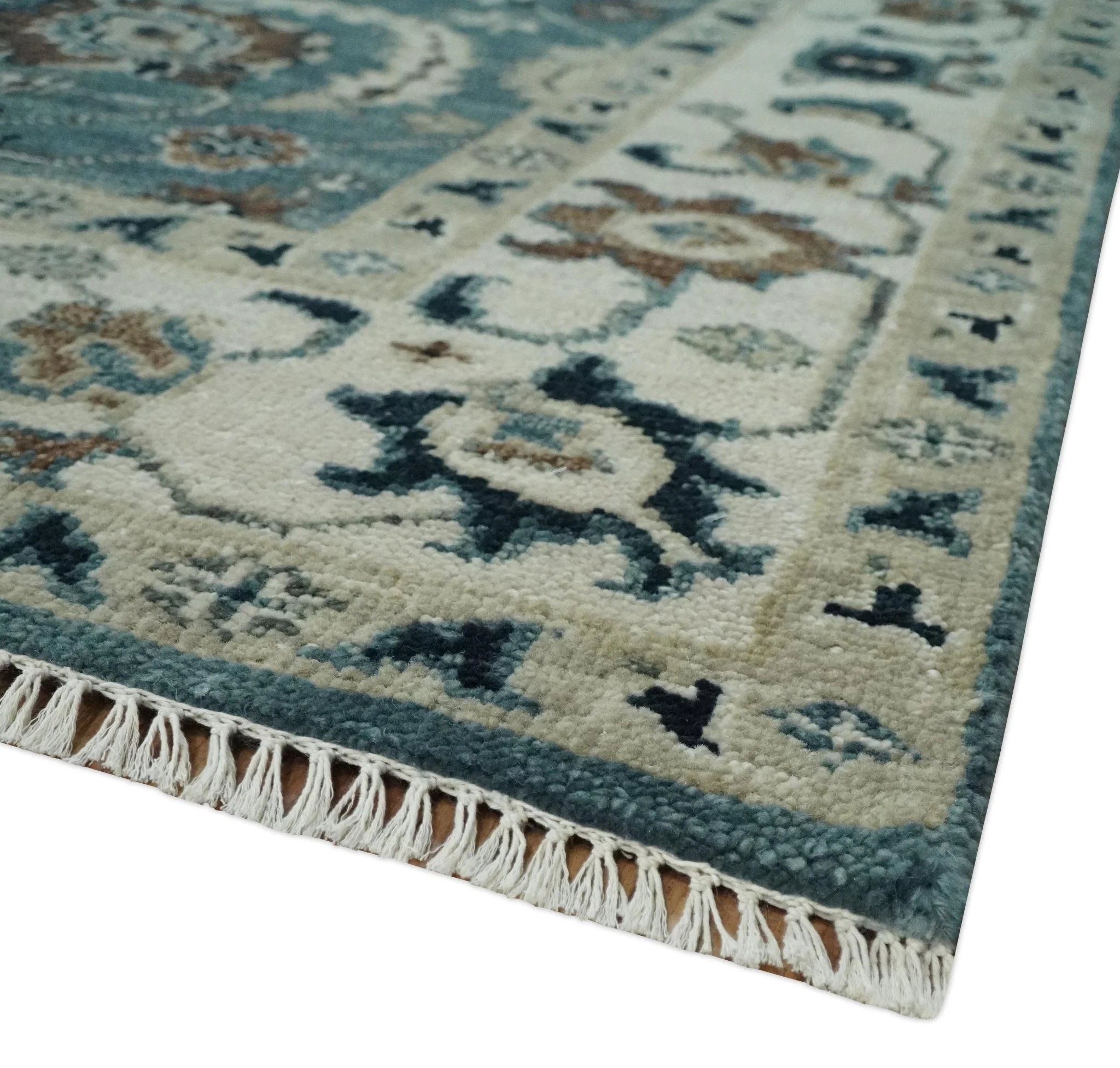 Custom Made Hand Knotted Teal and Ivory Traditional Antique Style Wool Area Rug - Image 5