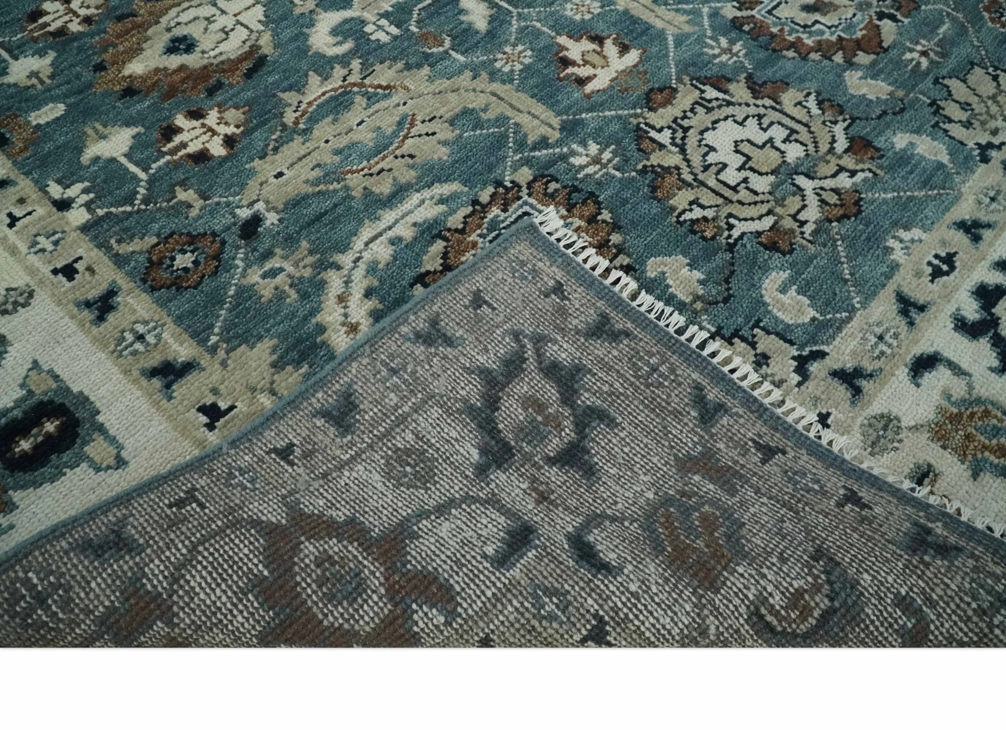 Custom Made Hand Knotted Teal and Ivory Traditional Antique Style Wool Area Rug - Image 6