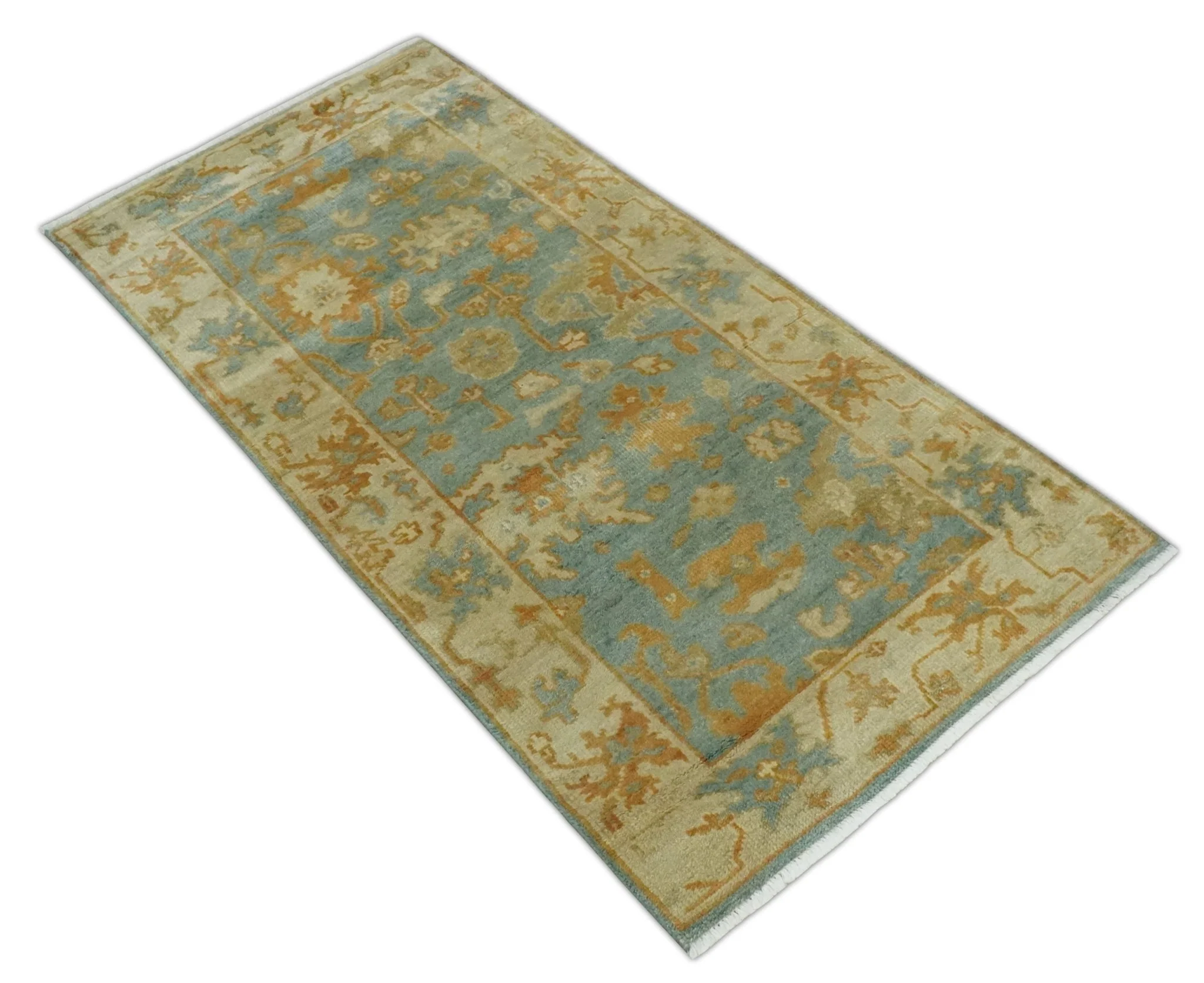 3x6 Runner Hand Knotted Blue, Beige and Rust Traditional Oushak Wool Area Rug | N338266 - Image 8