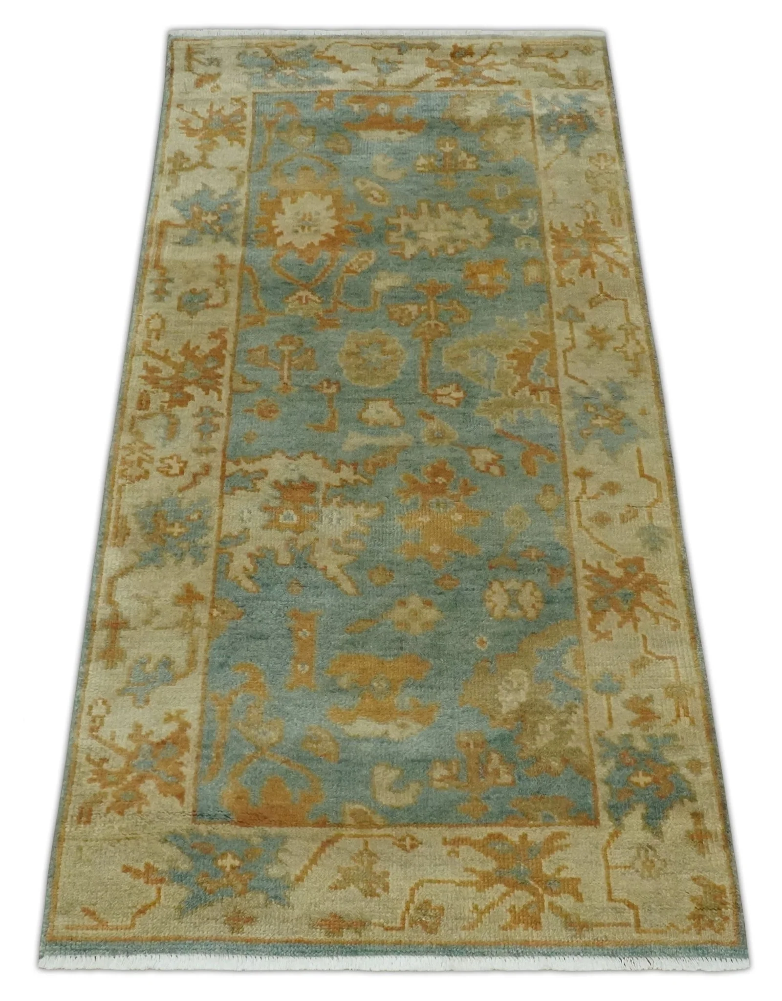 3x6 Runner Hand Knotted Blue, Beige and Rust Traditional Oushak Wool Area Rug | N338266 - Image 9