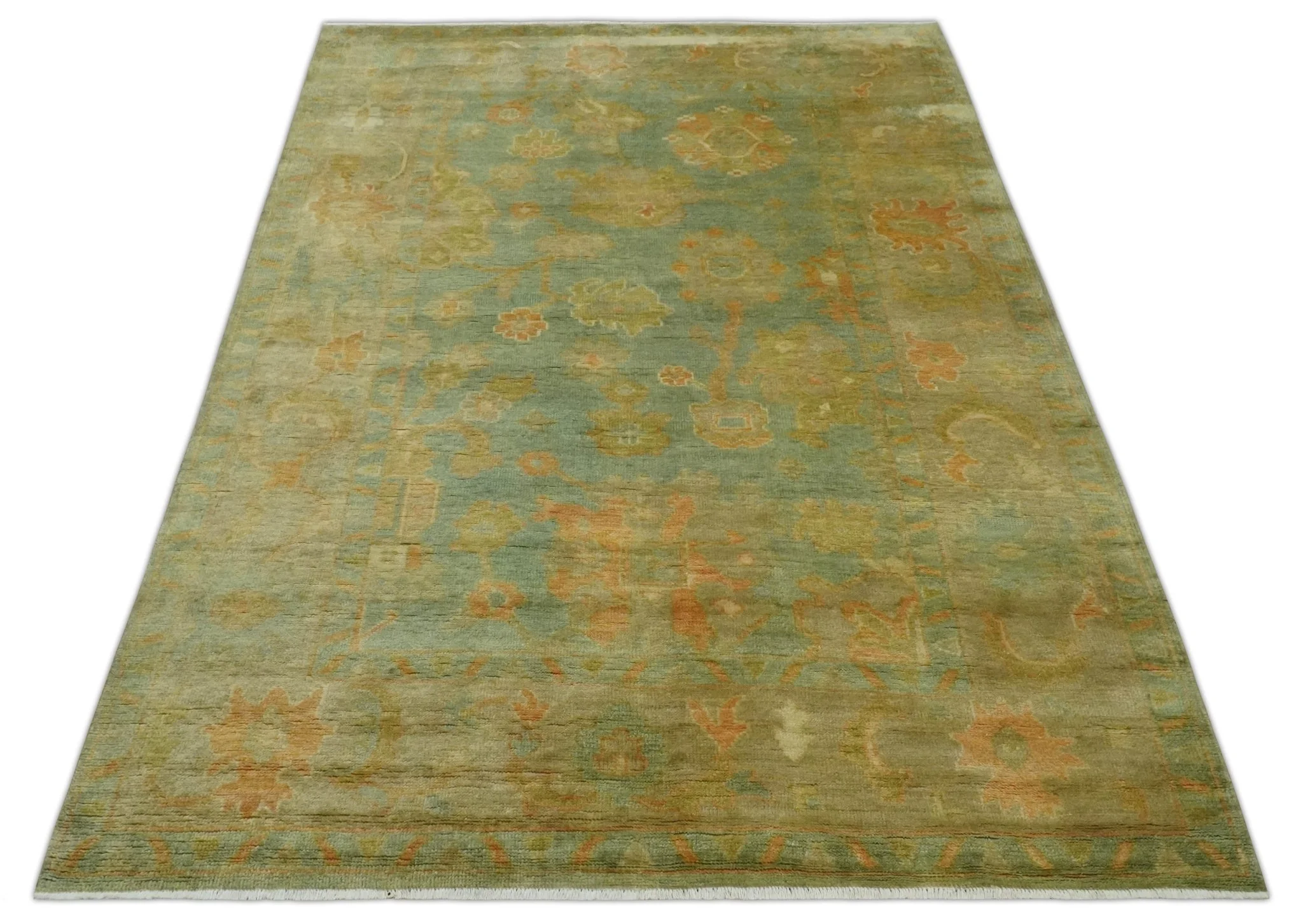 Hand Knotted Teal, Beige and Rust Vintage Style Traditional Wool Area Rug - Image 10