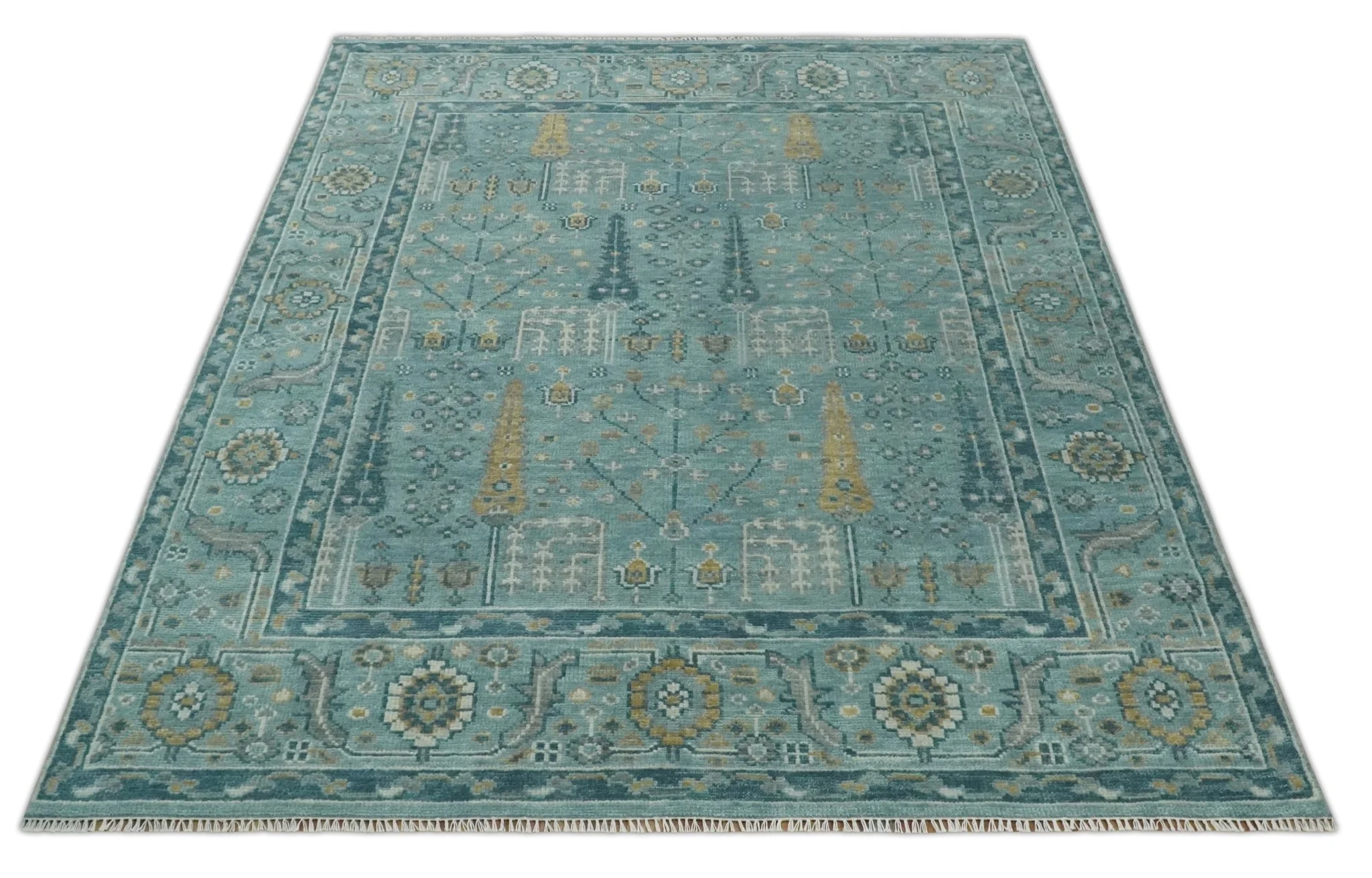 Hand Knotted Teal and Beige Multi Size Traditional Turkish Tree of Life Wool Rug - Image 10