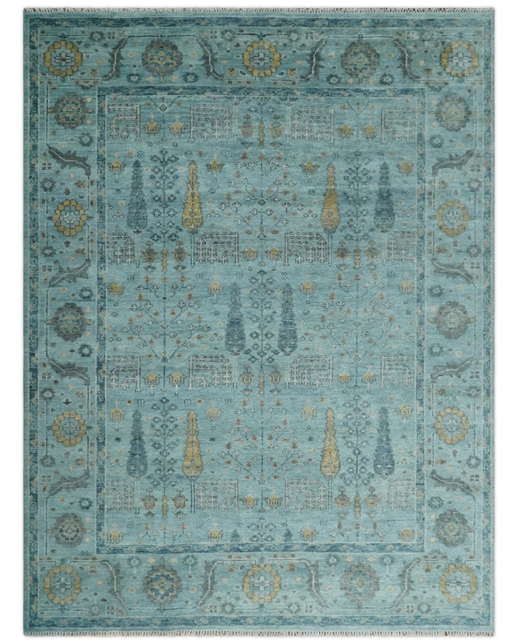 Hand Knotted Teal and Beige Multi Size Traditional Turkish Tree of Life Wool Rug - Image 11