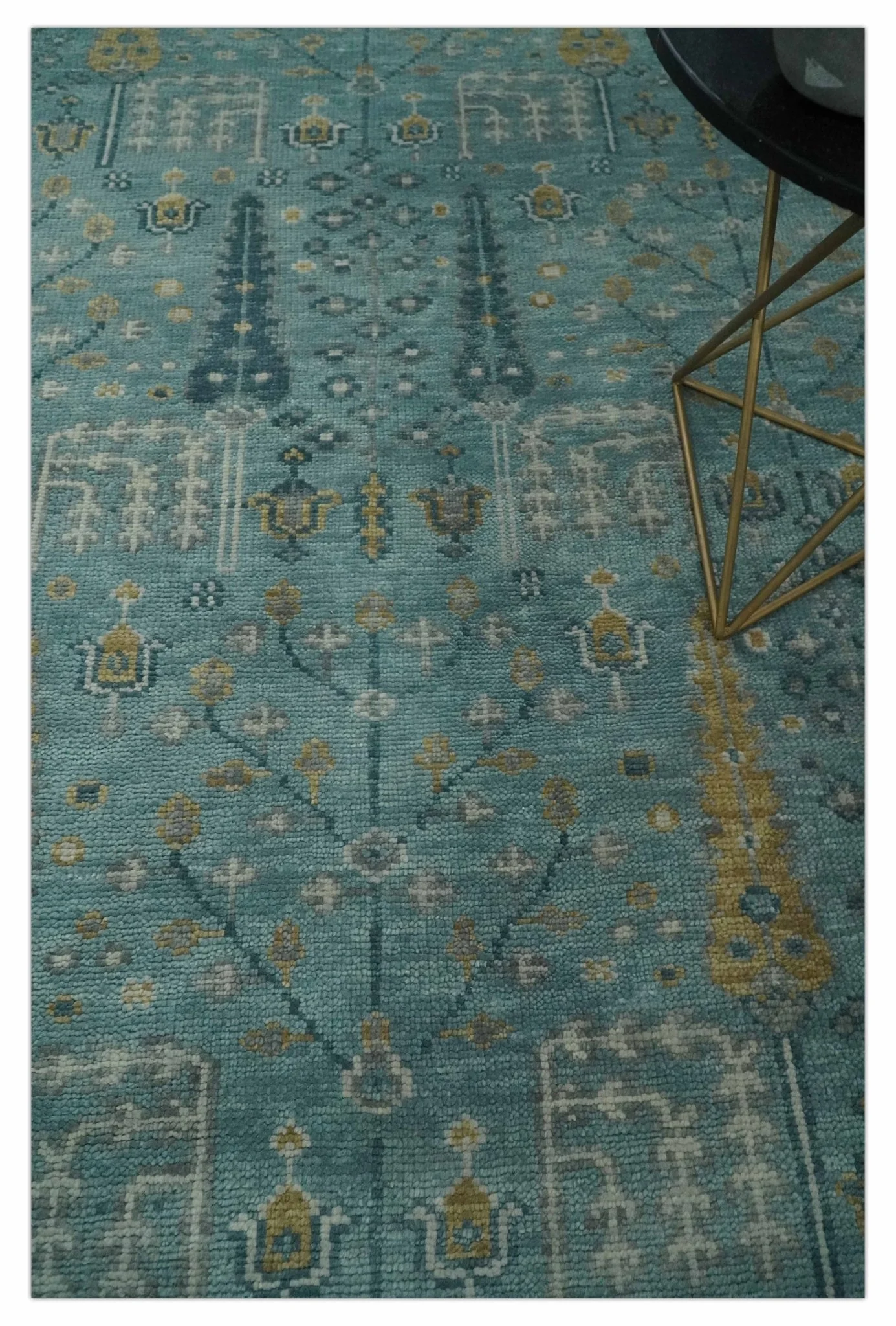 Hand Knotted Teal and Beige Multi Size Traditional Turkish Tree of Life Wool Rug - Image 2