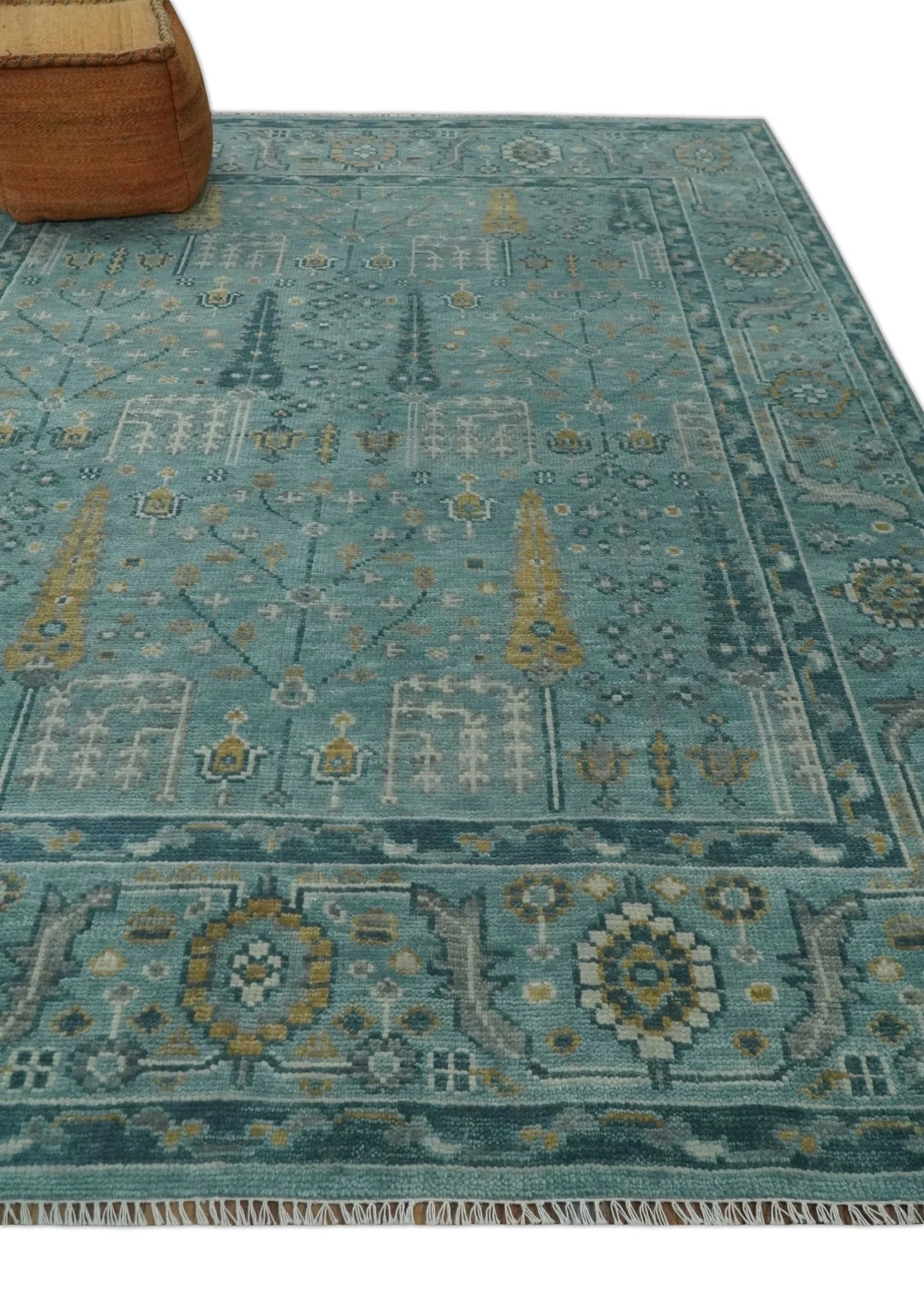 Hand Knotted Teal and Beige Multi Size Traditional Turkish Tree of Life Wool Rug - Image 3