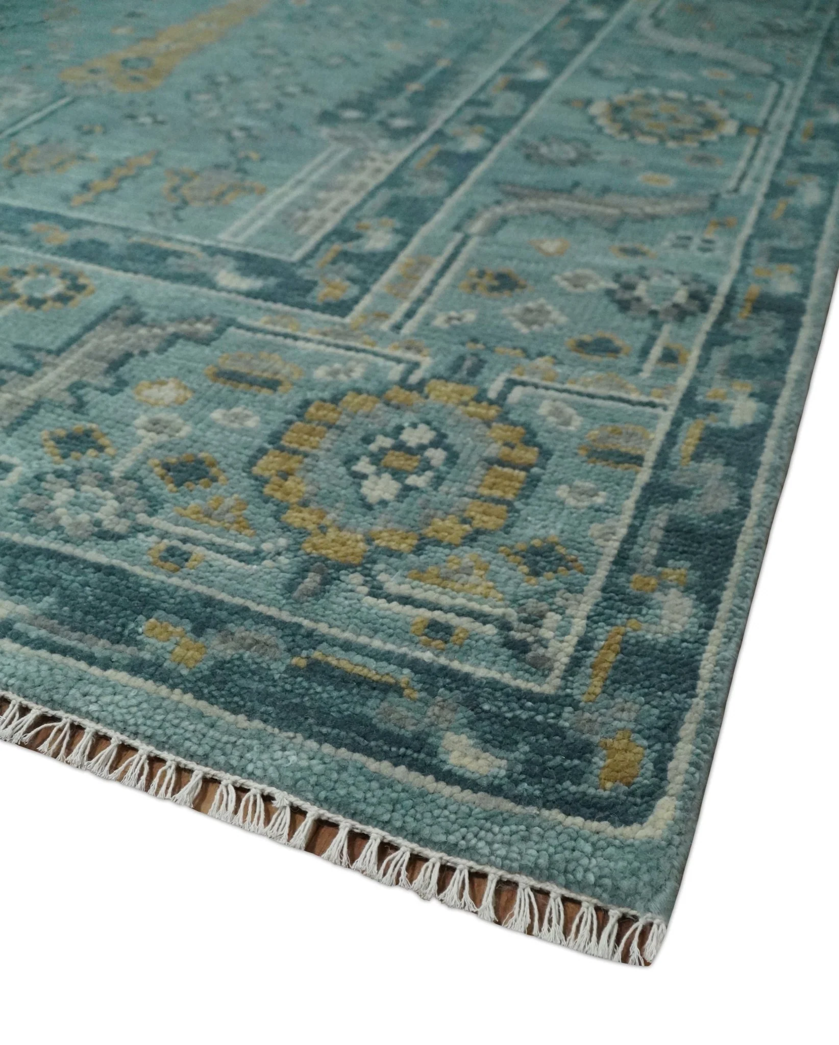 Hand Knotted Teal and Beige Multi Size Traditional Turkish Tree of Life Wool Rug - Image 5