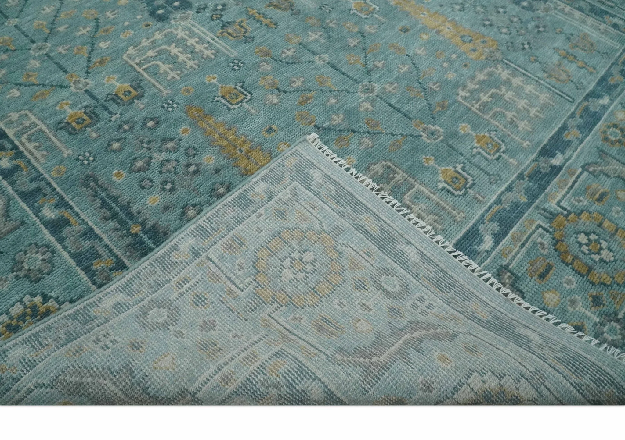 Hand Knotted Teal and Beige Multi Size Traditional Turkish Tree of Life Wool Rug - Image 7