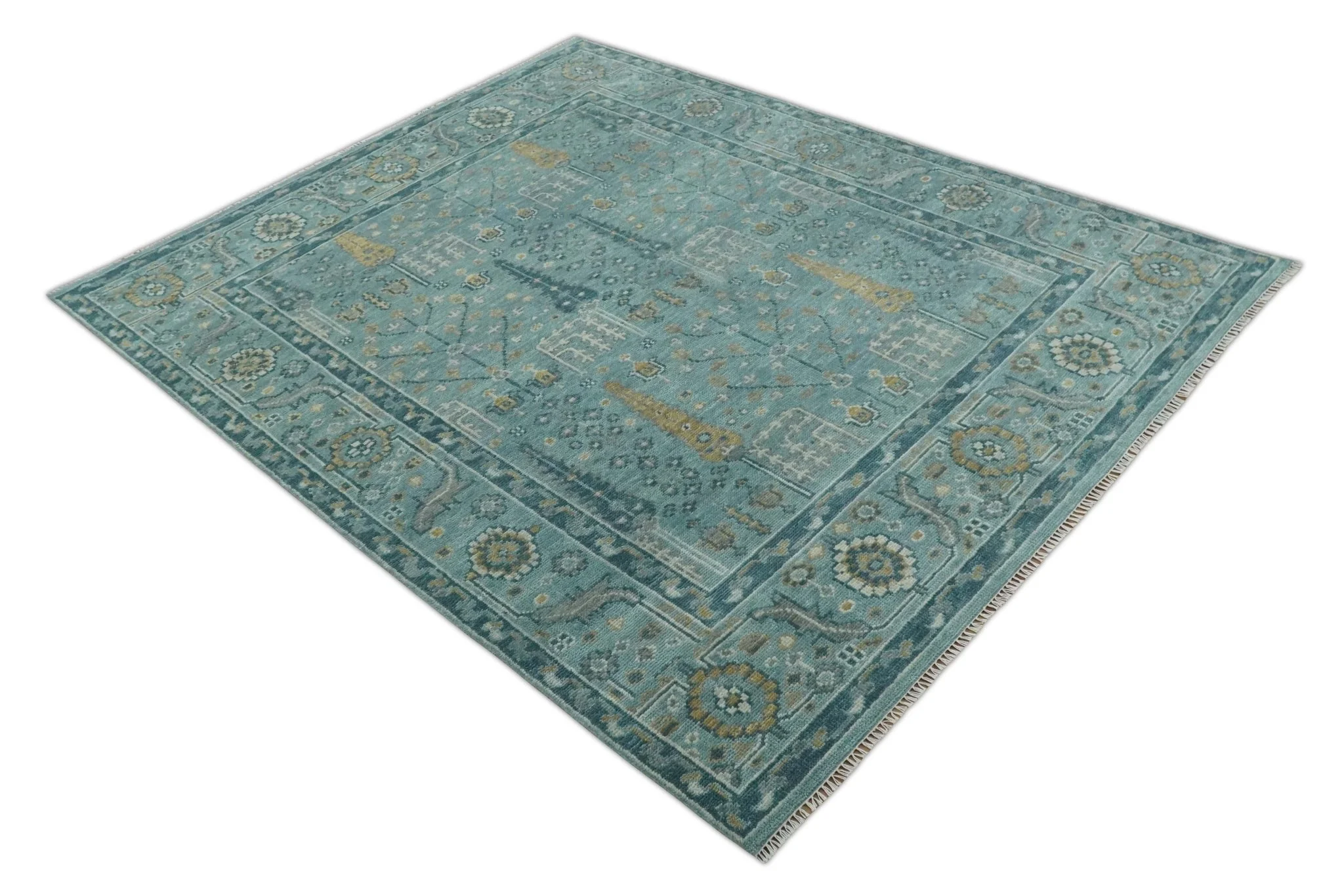 Hand Knotted Teal and Beige Multi Size Traditional Turkish Tree of Life Wool Rug - Image 9