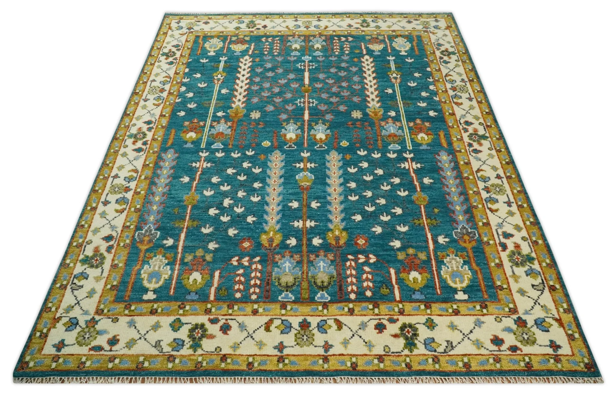 Hand Knotted Teal Blue and Ivory Tree of Life Traditional Vintage Style Wool Rug - Image 10