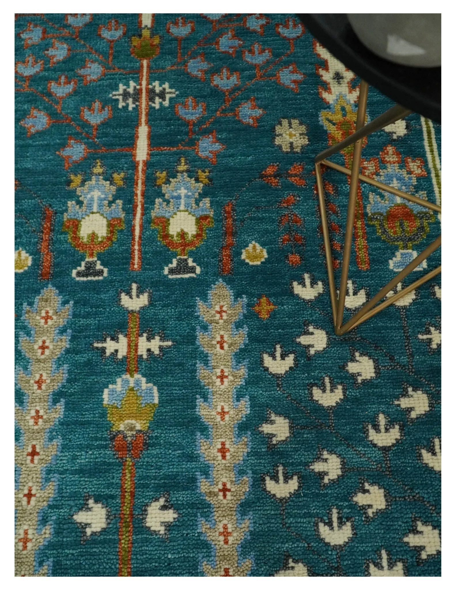 Hand Knotted Teal Blue and Ivory Tree of Life Traditional Vintage Style Wool Rug - Image 2