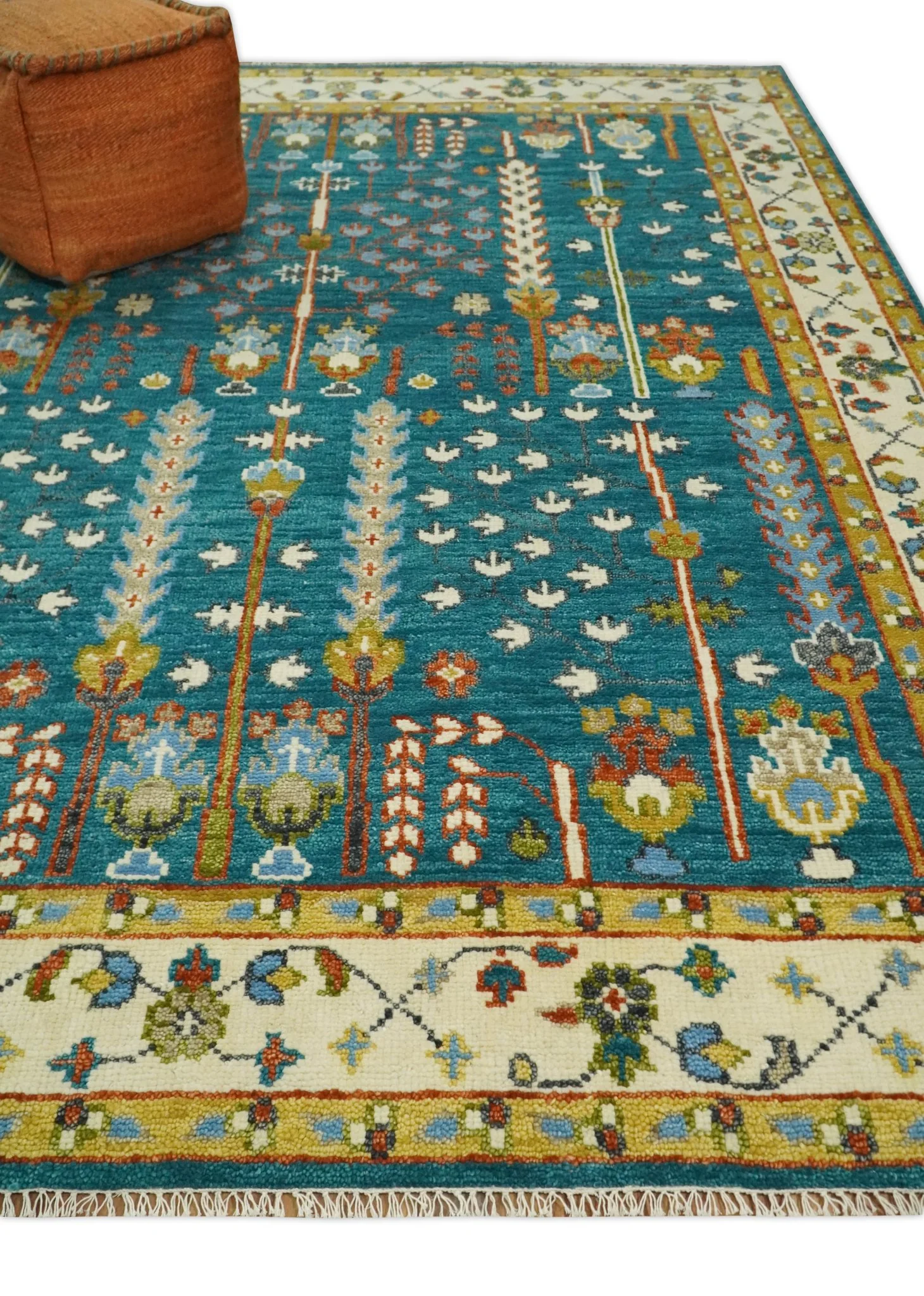 Hand Knotted Teal Blue and Ivory Tree of Life Traditional Vintage Style Wool Rug - Image 3