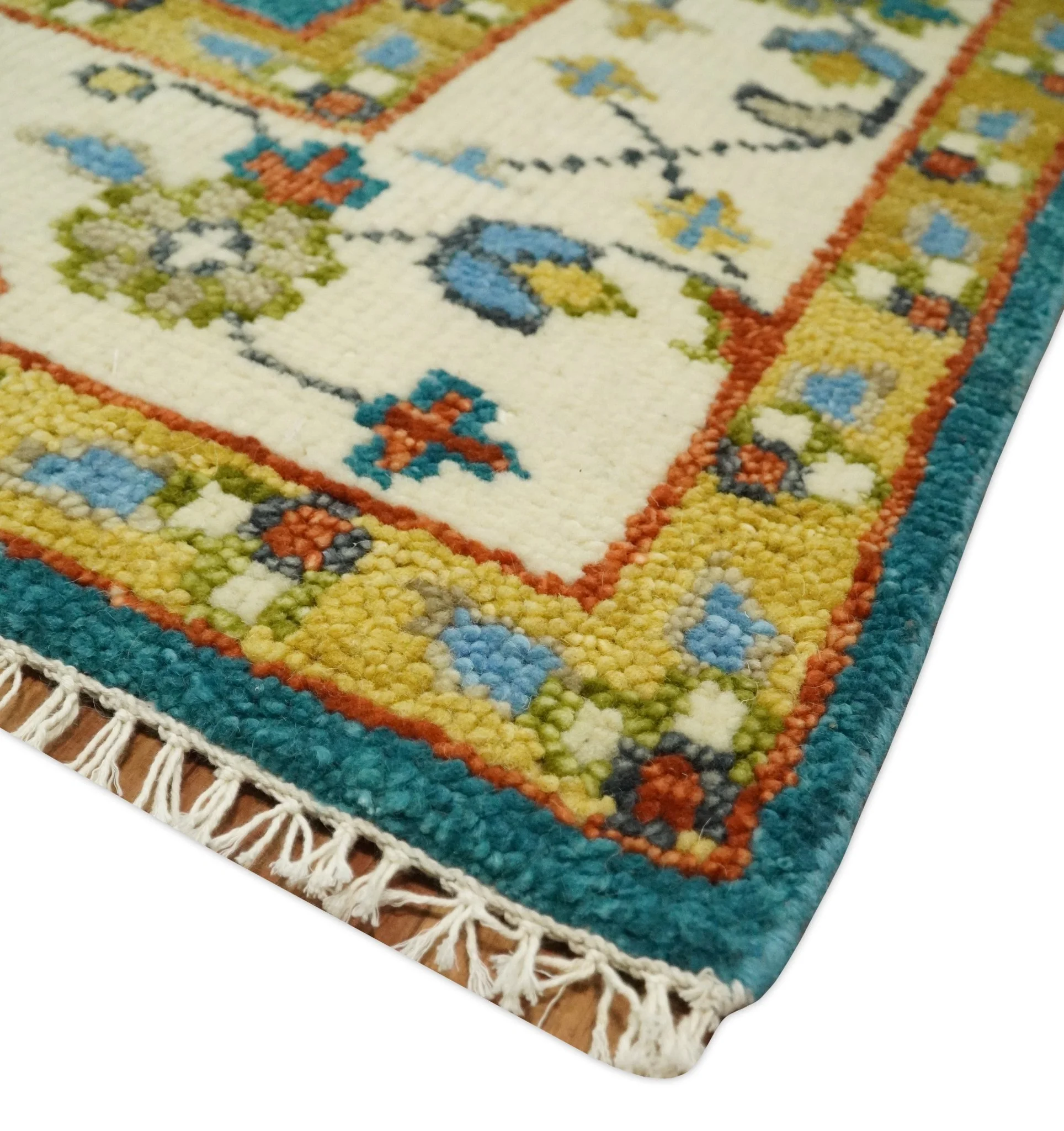 Hand Knotted Teal Blue and Ivory Tree of Life Traditional Vintage Style Wool Rug - Image 5