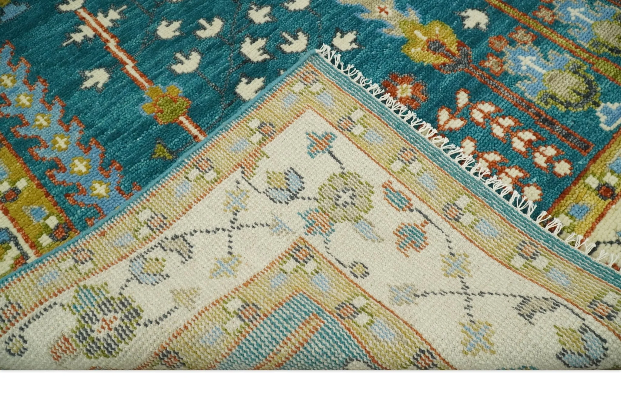 Hand Knotted Teal Blue and Ivory Tree of Life Traditional Vintage Style Wool Rug - Image 6