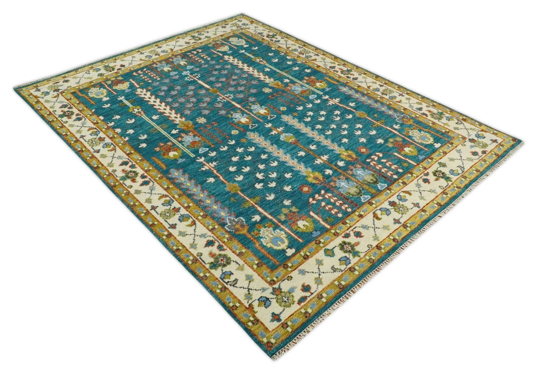 Hand Knotted Teal Blue and Ivory Tree of Life Traditional Vintage Style Wool Rug - Image 9