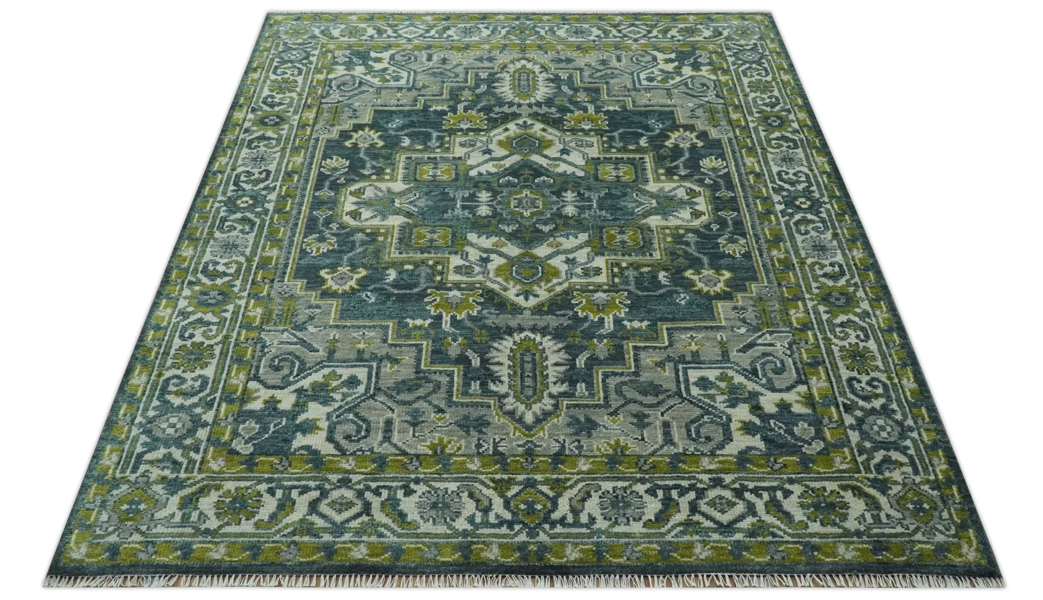 Antique Style Hand Knotted Teal, Gray and Green Traditional multi Size wool rug - Image 10