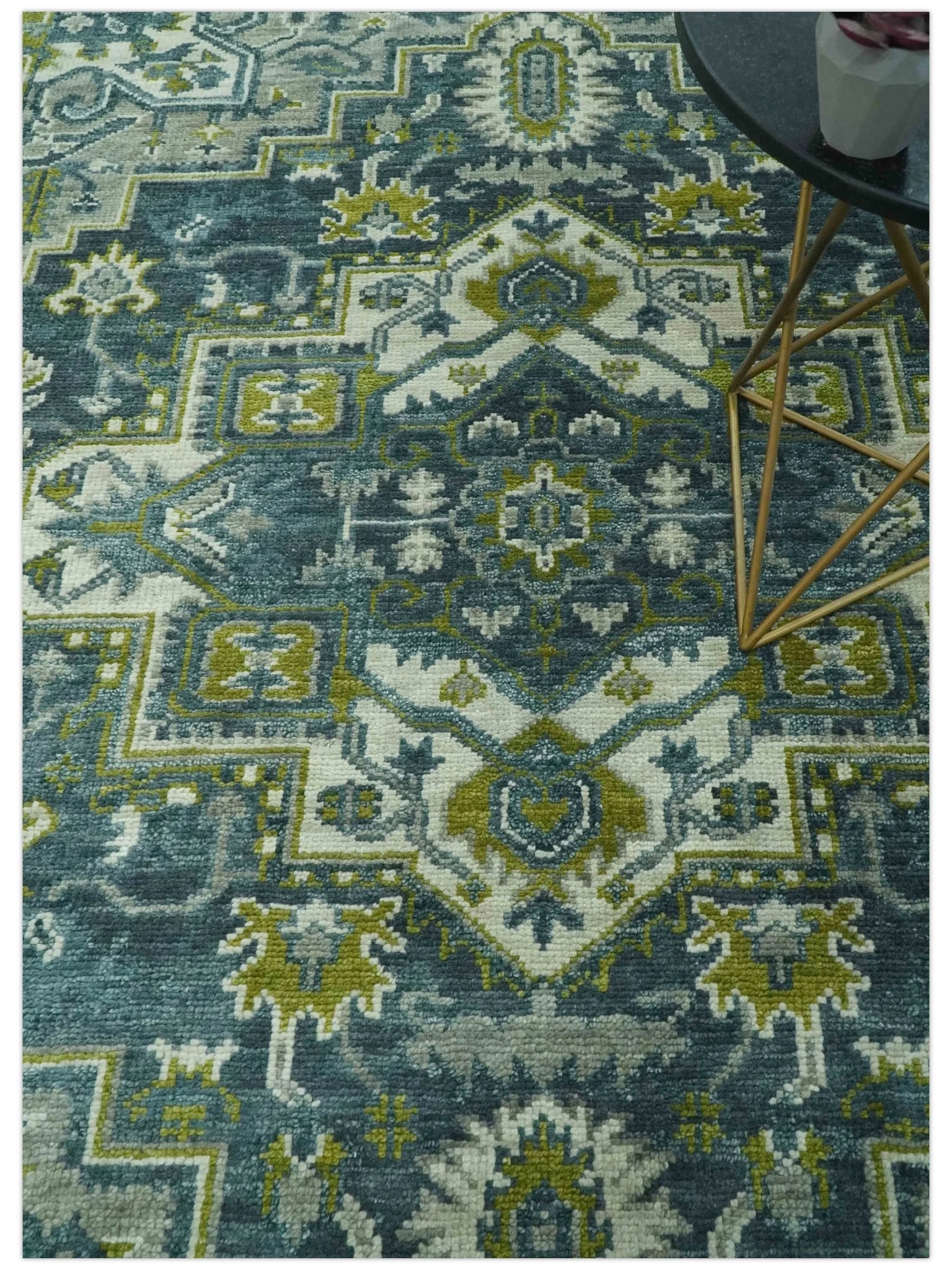 Antique Style Hand Knotted Teal, Gray and Green Traditional multi Size wool rug - Image 2