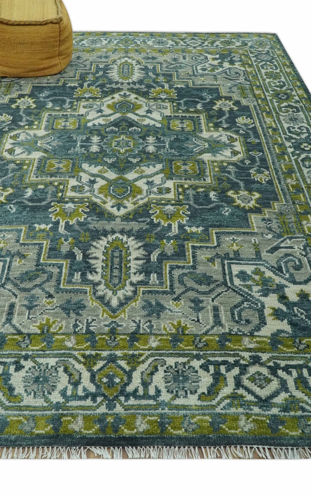 Antique Style Hand Knotted Teal, Gray and Green Traditional multi Size wool rug - Image 3