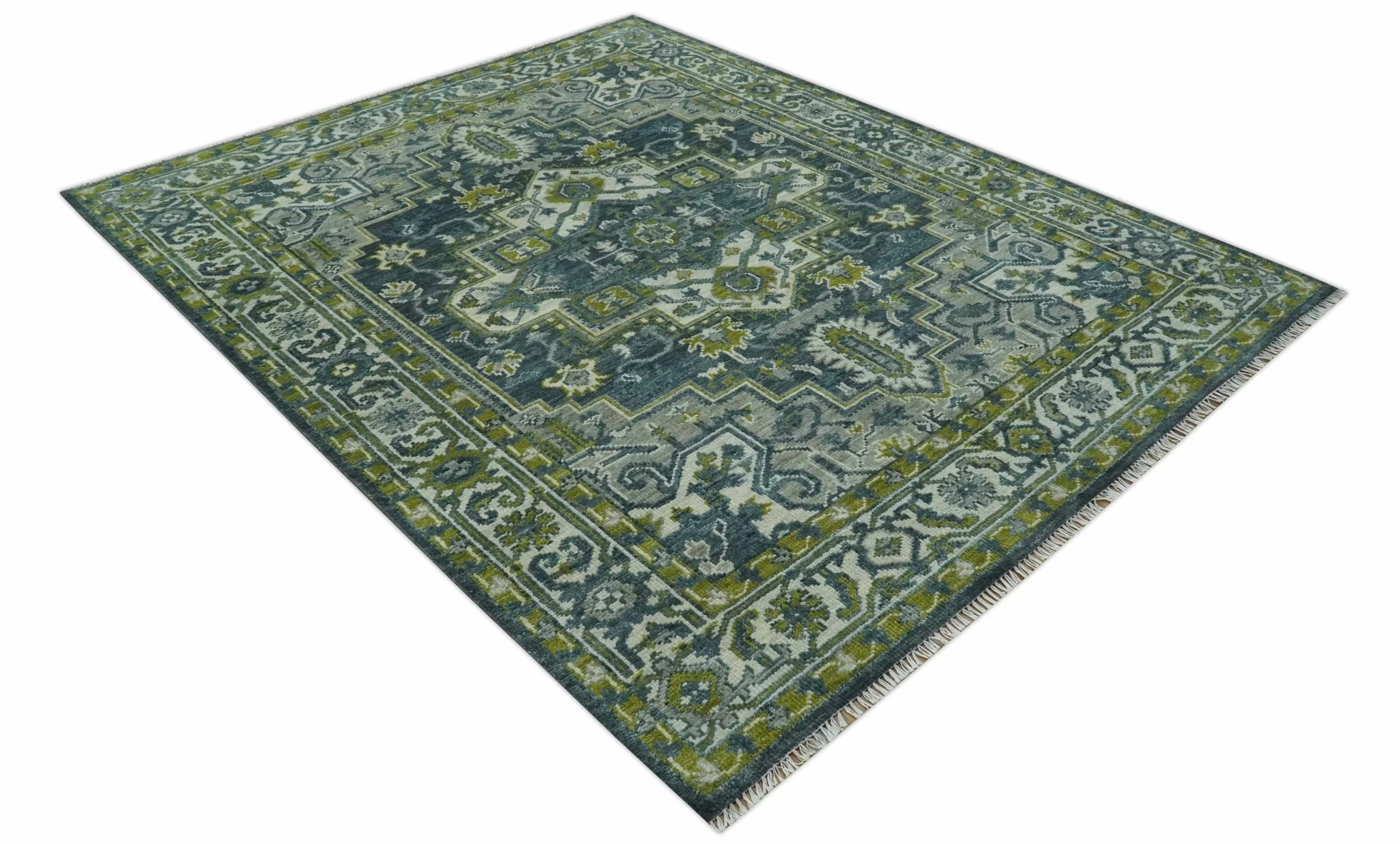Antique Style Hand Knotted Teal, Gray and Green Traditional multi Size wool rug - Image 9