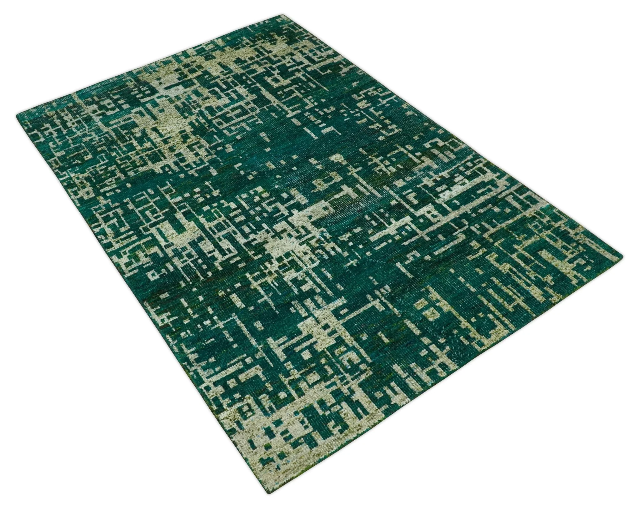 5.6x8 Hand Knotted Teal Green, Olive and Beige Modern Abstract Contemporary Recycled Silk Area Rug | OP130 - Image 10