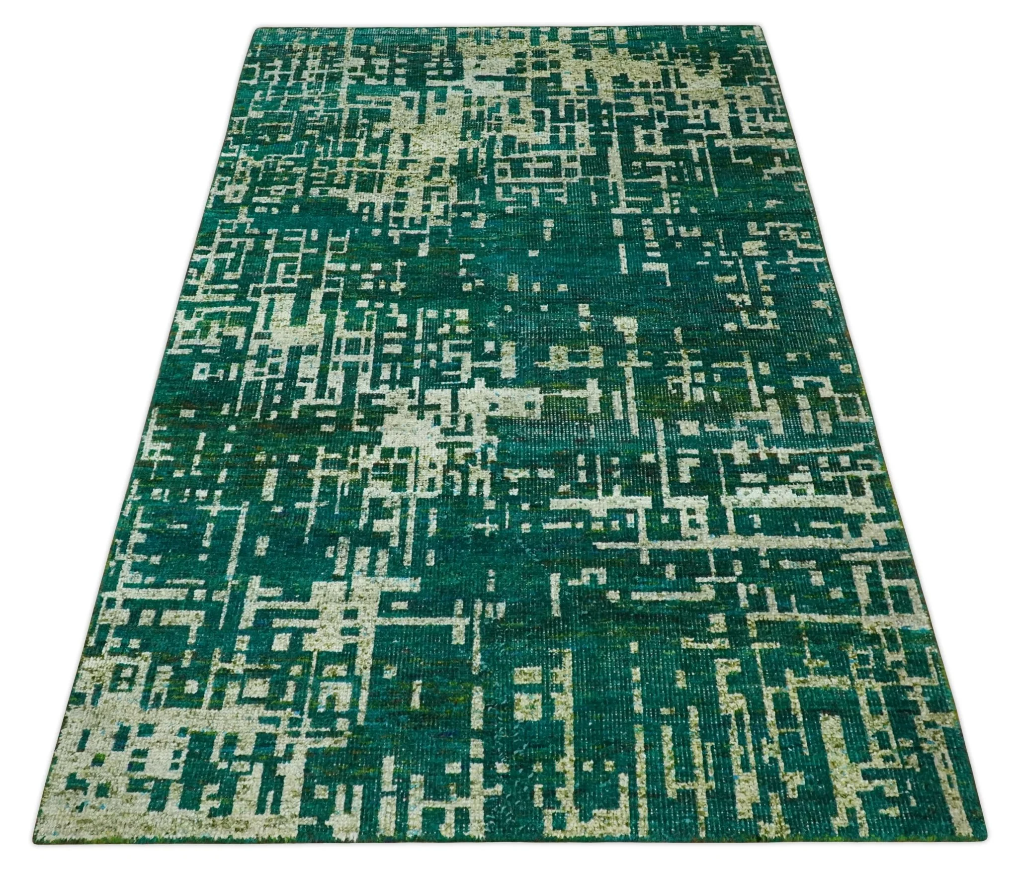 5.6x8 Hand Knotted Teal Green, Olive and Beige Modern Abstract Contemporary Recycled Silk Area Rug | OP130 - Image 11
