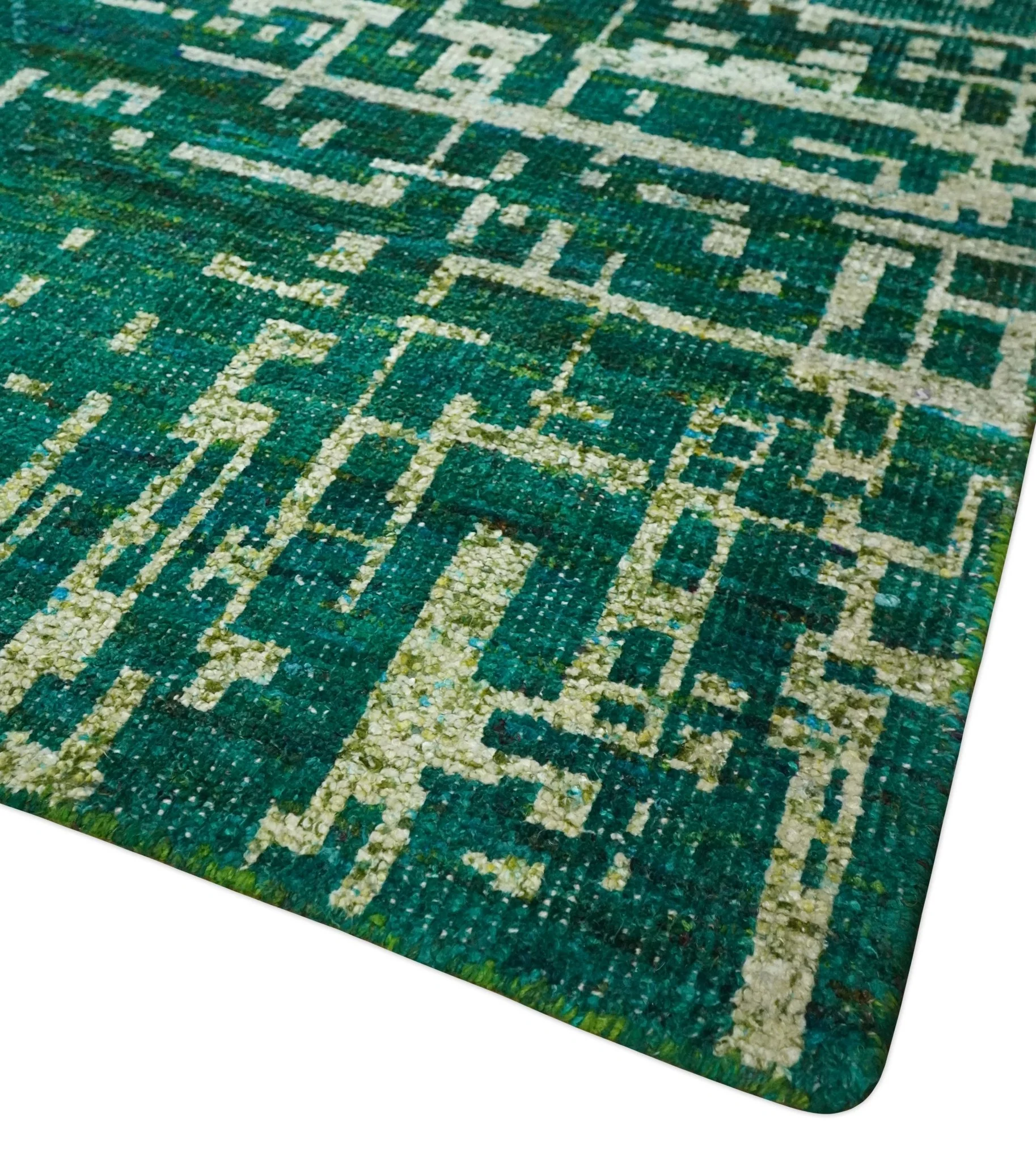 5.6x8 Hand Knotted Teal Green, Olive and Beige Modern Abstract Contemporary Recycled Silk Area Rug | OP130 - Image 3