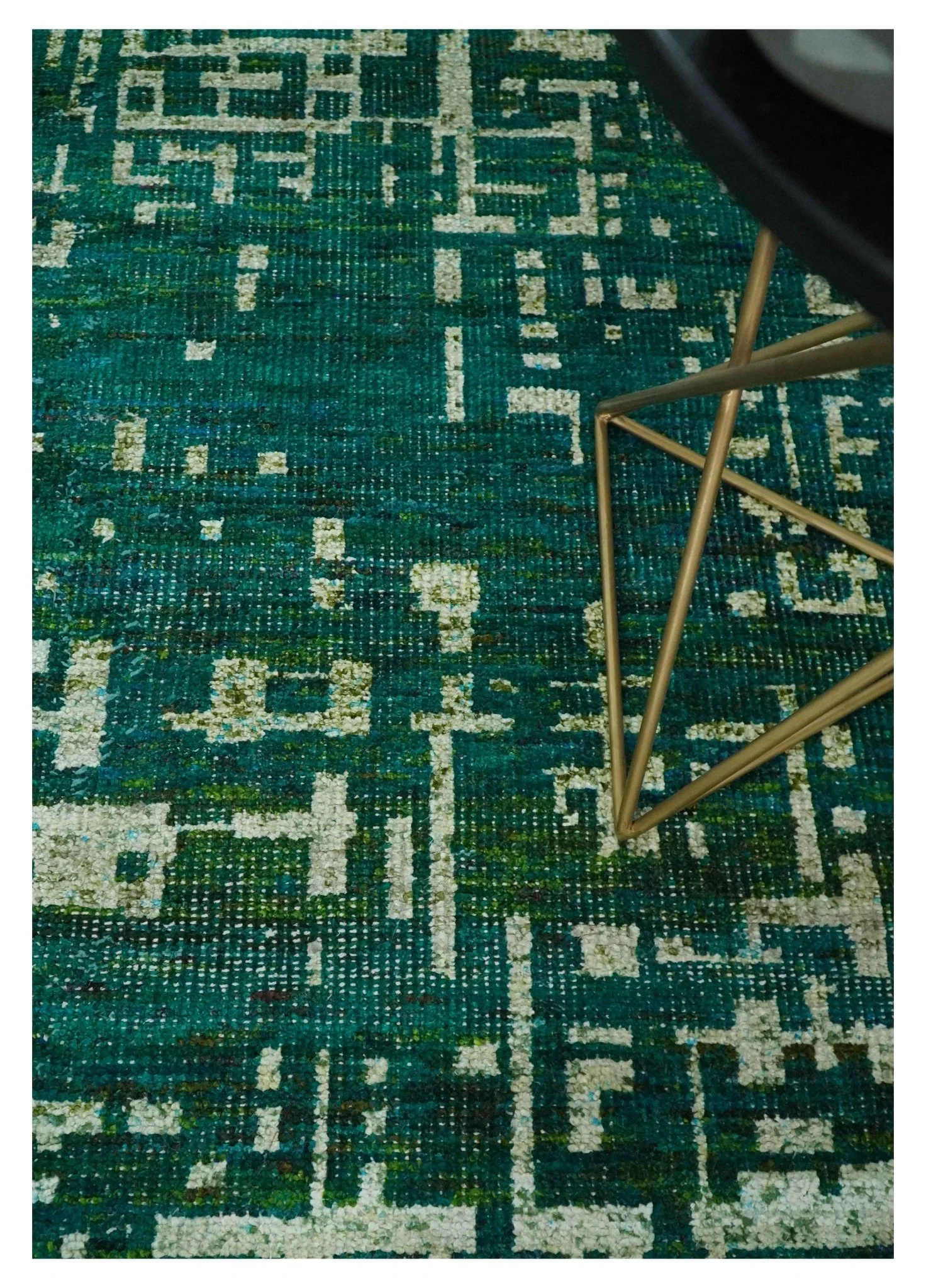 5.6x8 Hand Knotted Teal Green, Olive and Beige Modern Abstract Contemporary Recycled Silk Area Rug | OP130 - Image 4