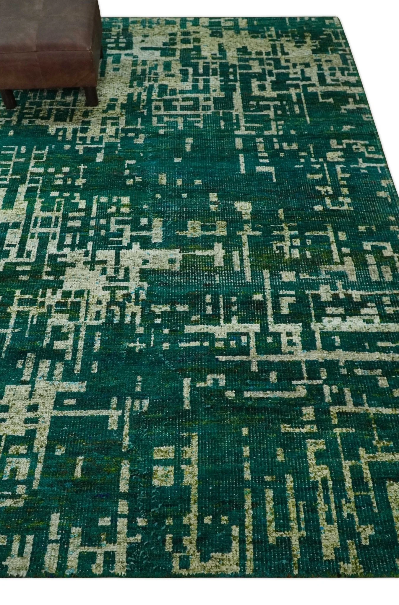 5.6x8 Hand Knotted Teal Green, Olive and Beige Modern Abstract Contemporary Recycled Silk Area Rug | OP130 - Image 5