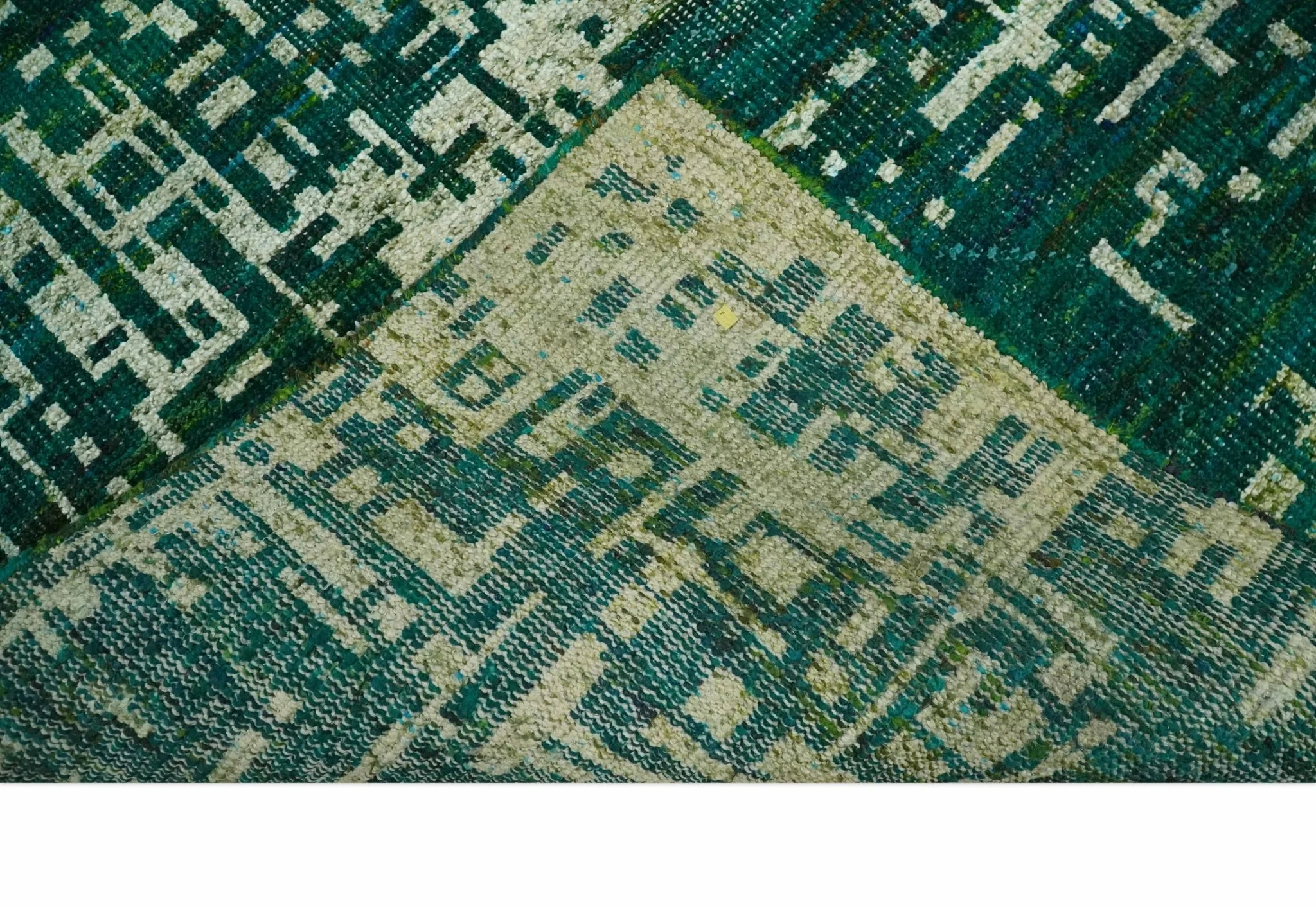 5.6x8 Hand Knotted Teal Green, Olive and Beige Modern Abstract Contemporary Recycled Silk Area Rug | OP130 - Image 7
