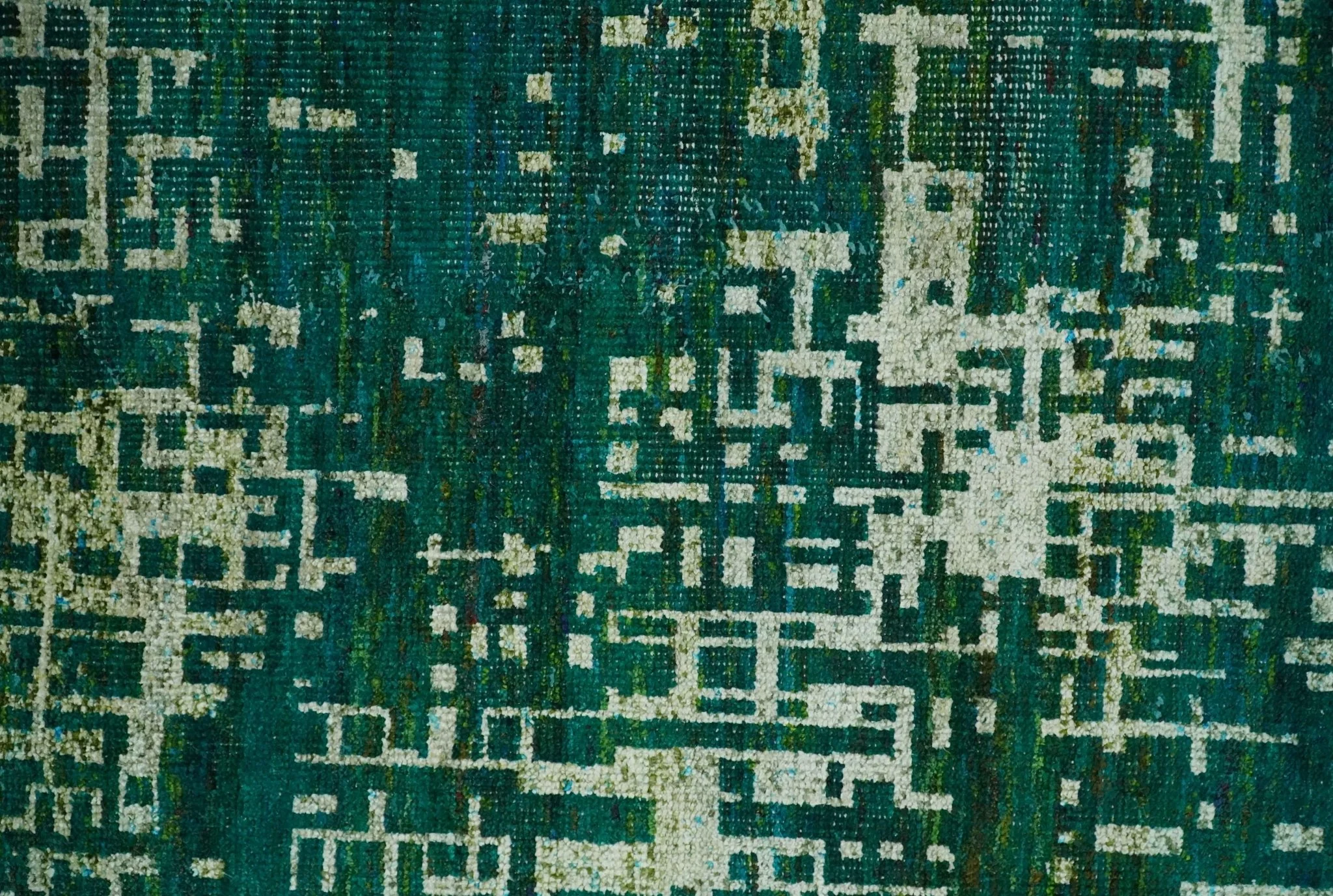 5.6x8 Hand Knotted Teal Green, Olive and Beige Modern Abstract Contemporary Recycled Silk Area Rug | OP130 - Image 9