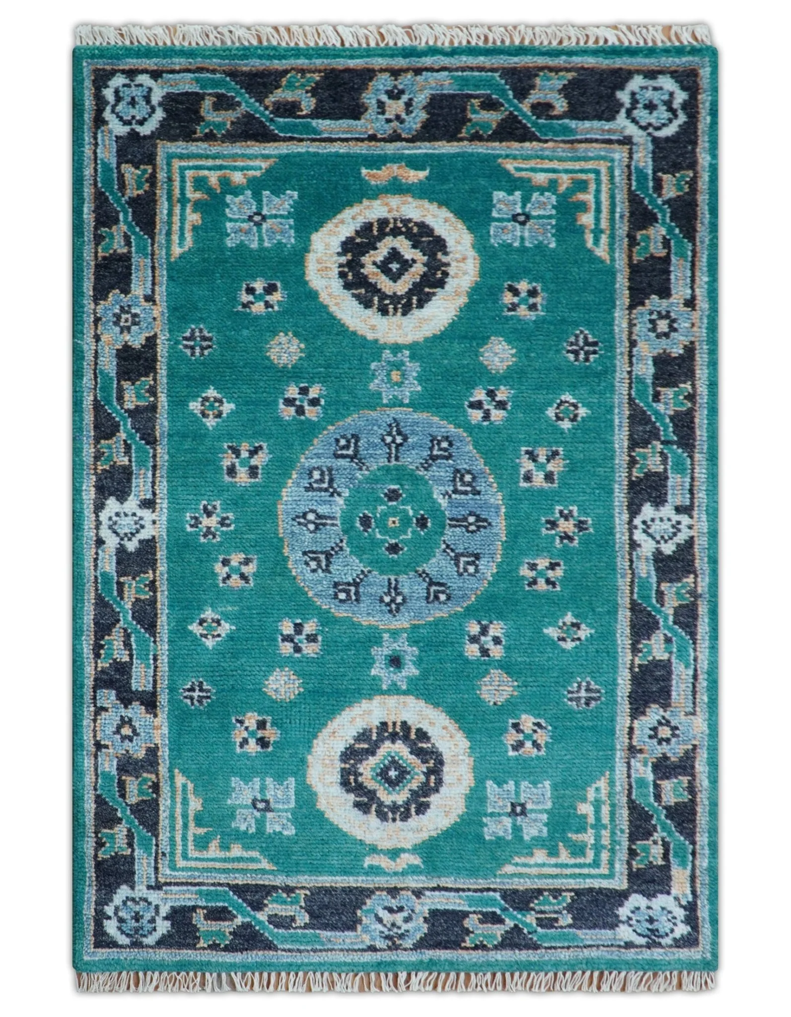 Hand knotted Teal Traditional Khotan Design 4x6 Wool Area Rug - Image 2