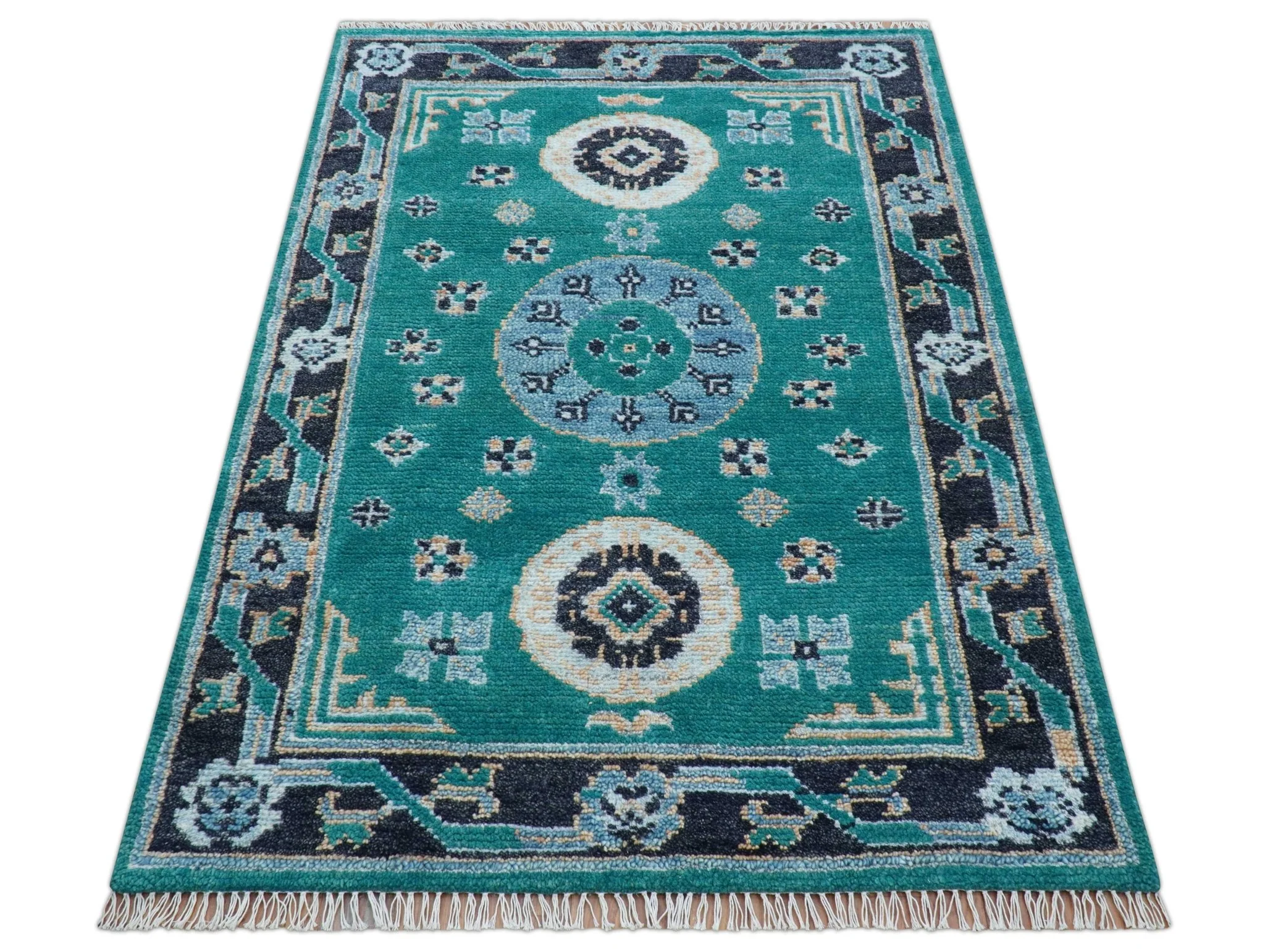 Hand knotted Teal Traditional Khotan Design 4x6 Wool Area Rug - Image 8