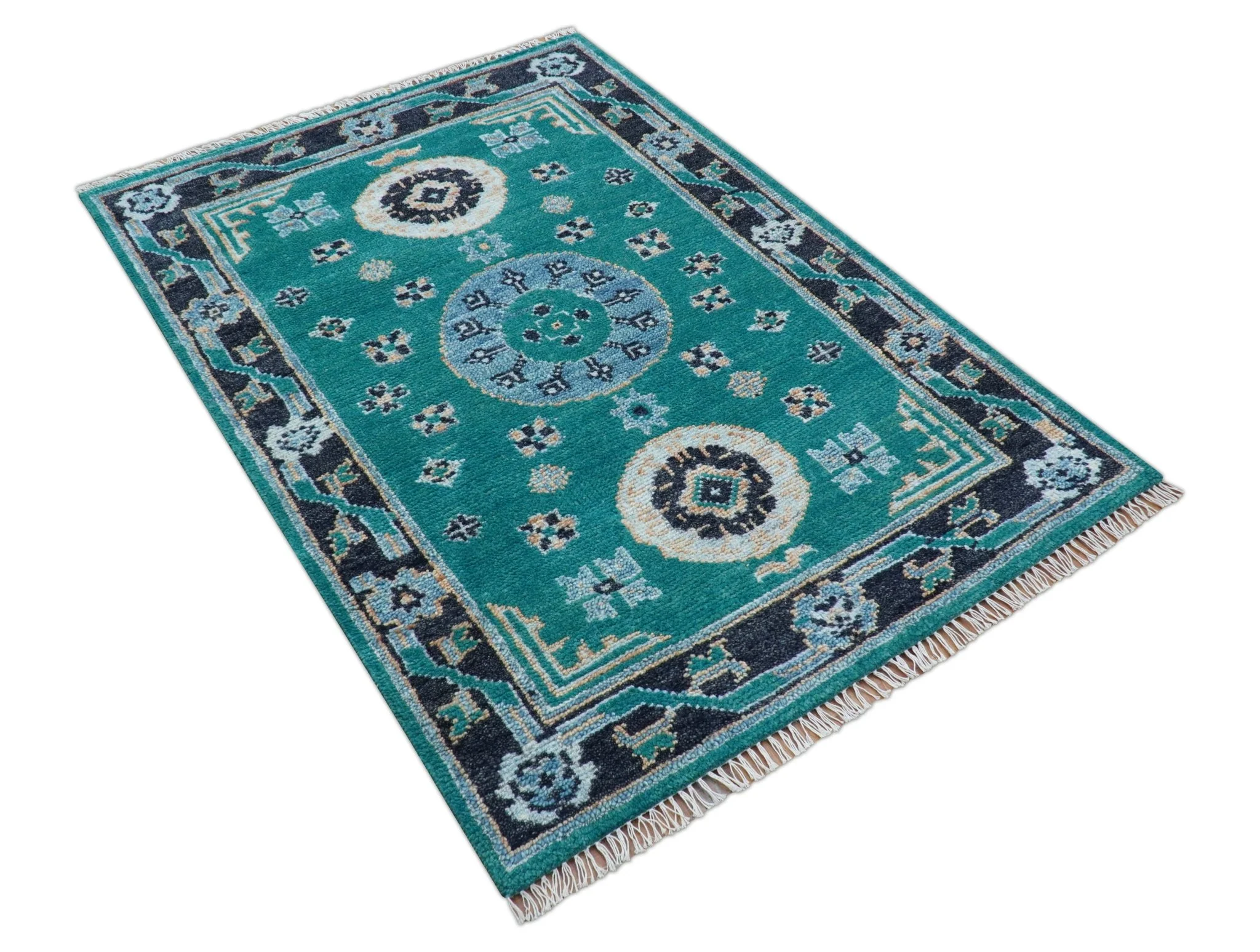 Hand knotted Teal Traditional Khotan Design 4x6 Wool Area Rug - Image 9