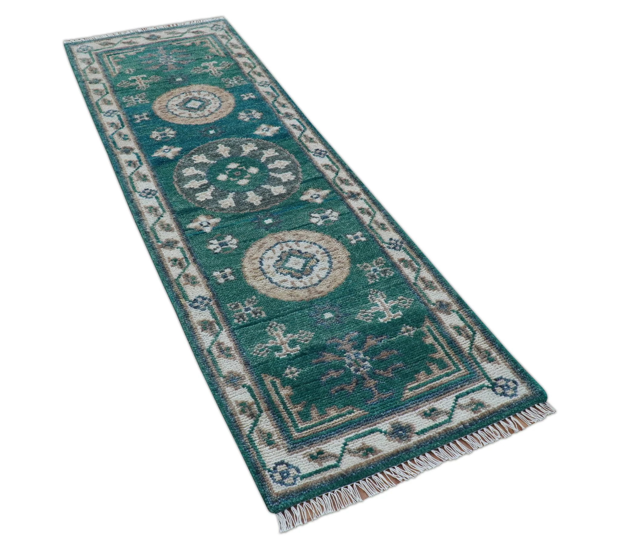 Hand knotted 2.6x8 Teal Traditional Khotan Design Wool Area Rug - Image 10