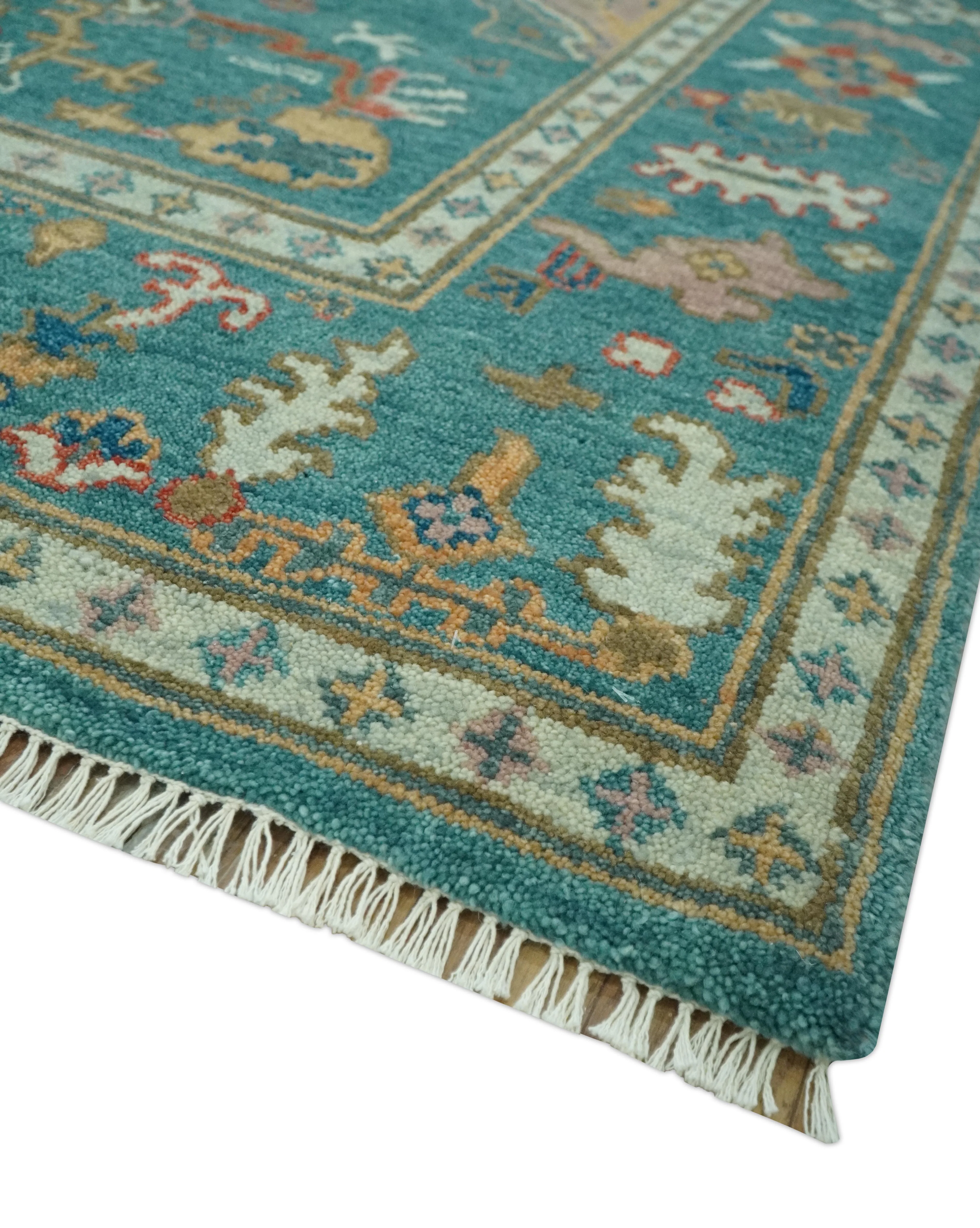 Hand Knotted Teal Traditional Oushak 8x10.4 wool area rug - Image 5