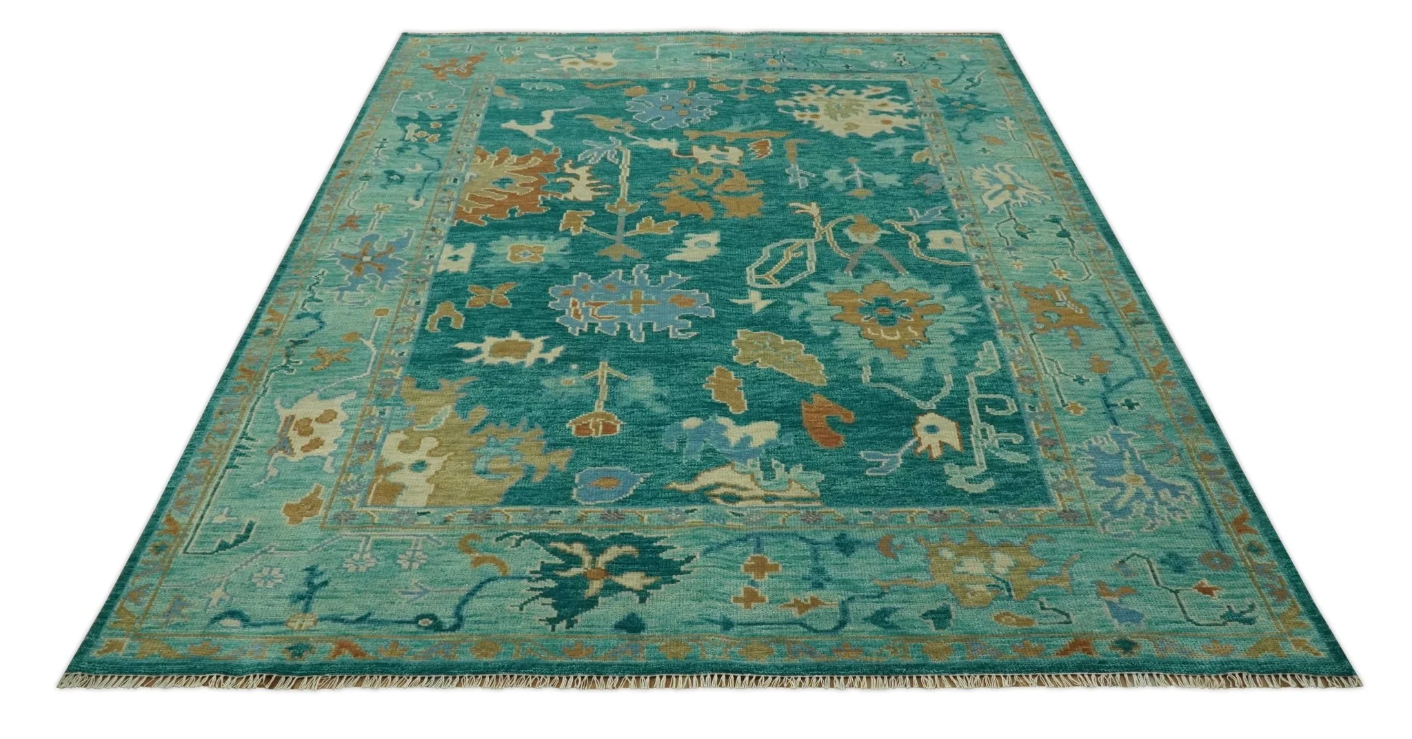Hand Knotted Teal Traditional Oushak Multi size wool area rug - Image 8