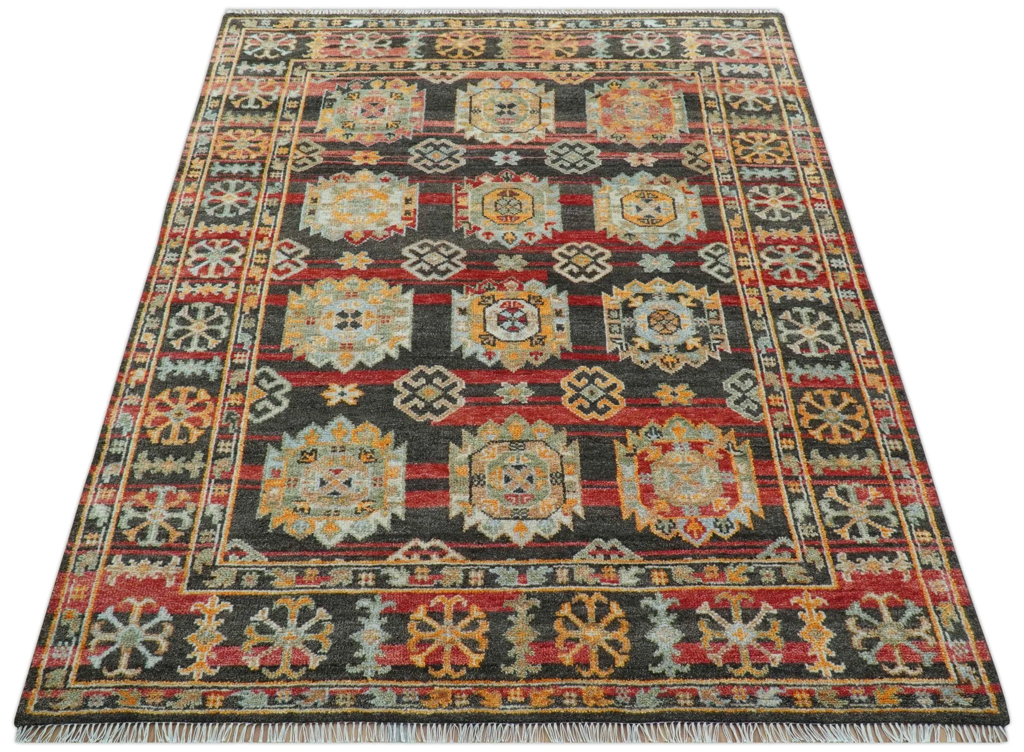 Rustic Hand knotted Traditional 8x10 Charcoal And Red Wool Rug - Image 10