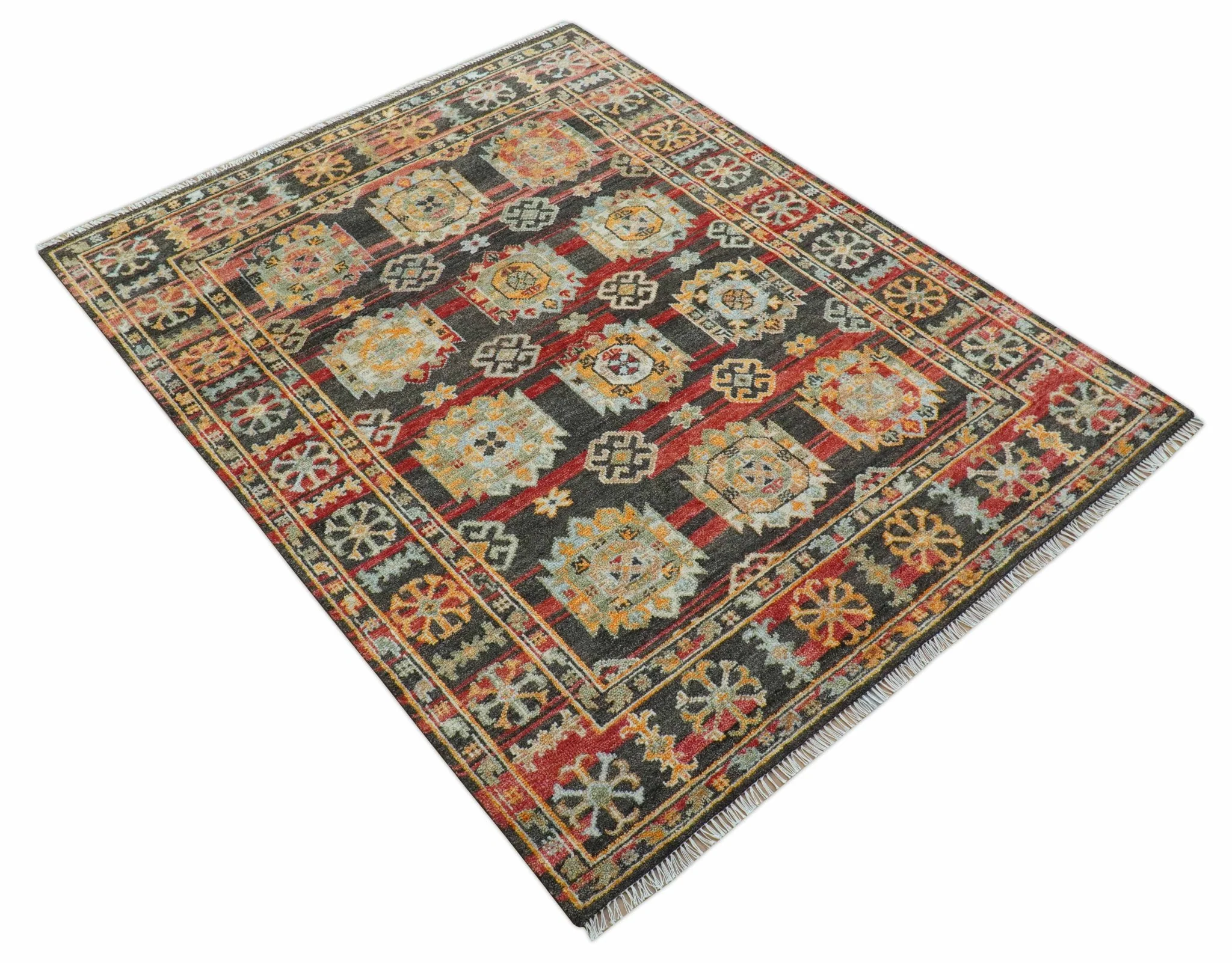 Rustic Hand knotted Traditional 8x10 Charcoal And Red Wool Rug - Image 11