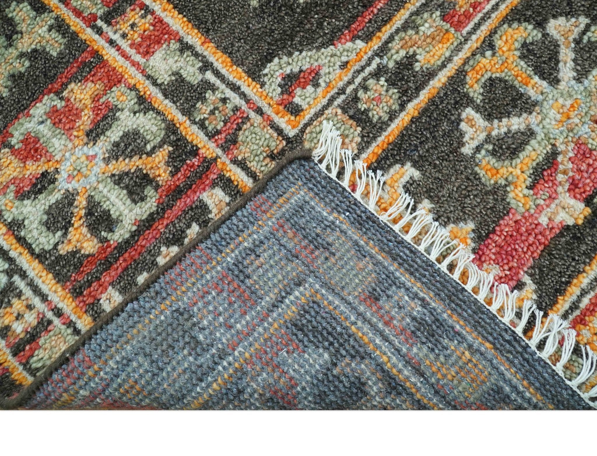 Rustic Hand knotted Traditional 8x10 Charcoal And Red Wool Rug - Image 3