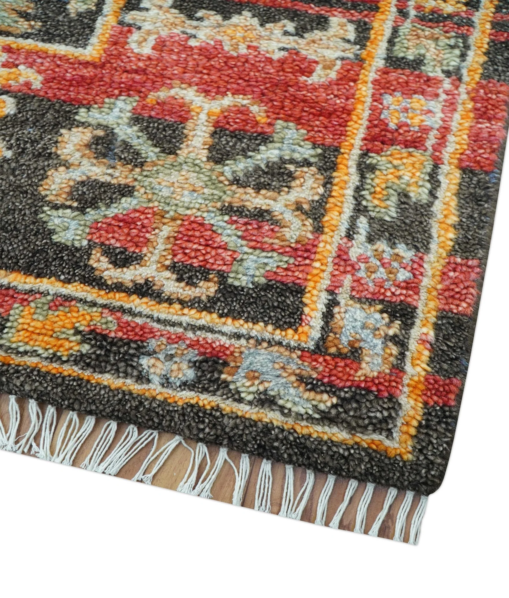Rustic Hand knotted Traditional 8x10 Charcoal And Red Wool Rug - Image 4